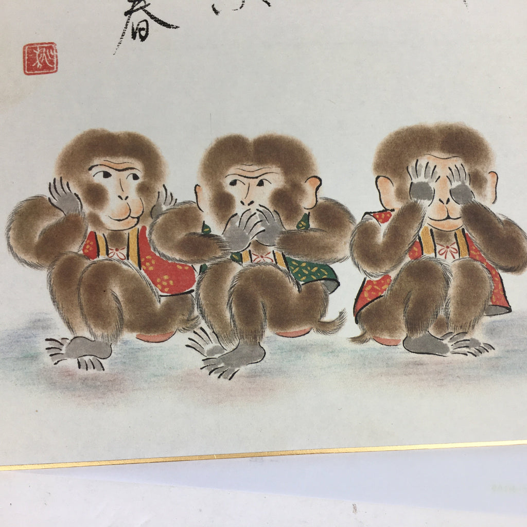 Japanese Art Board Vtg Shikishi Paper Printed Picture Three Monkeys Words A336