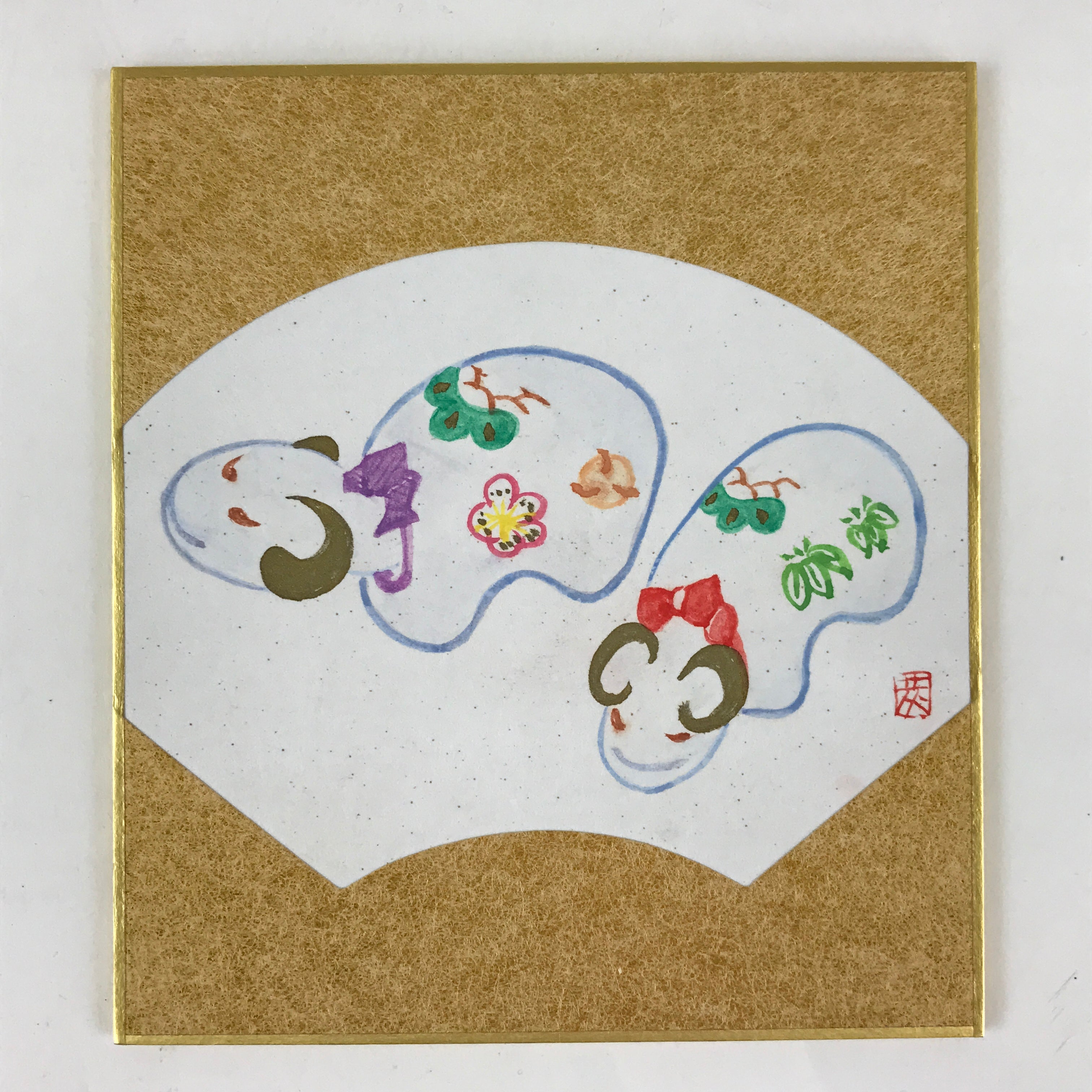 Japanese Art Board Vtg Small Shikishi Paper Hand Drawn Picture Sheep A499