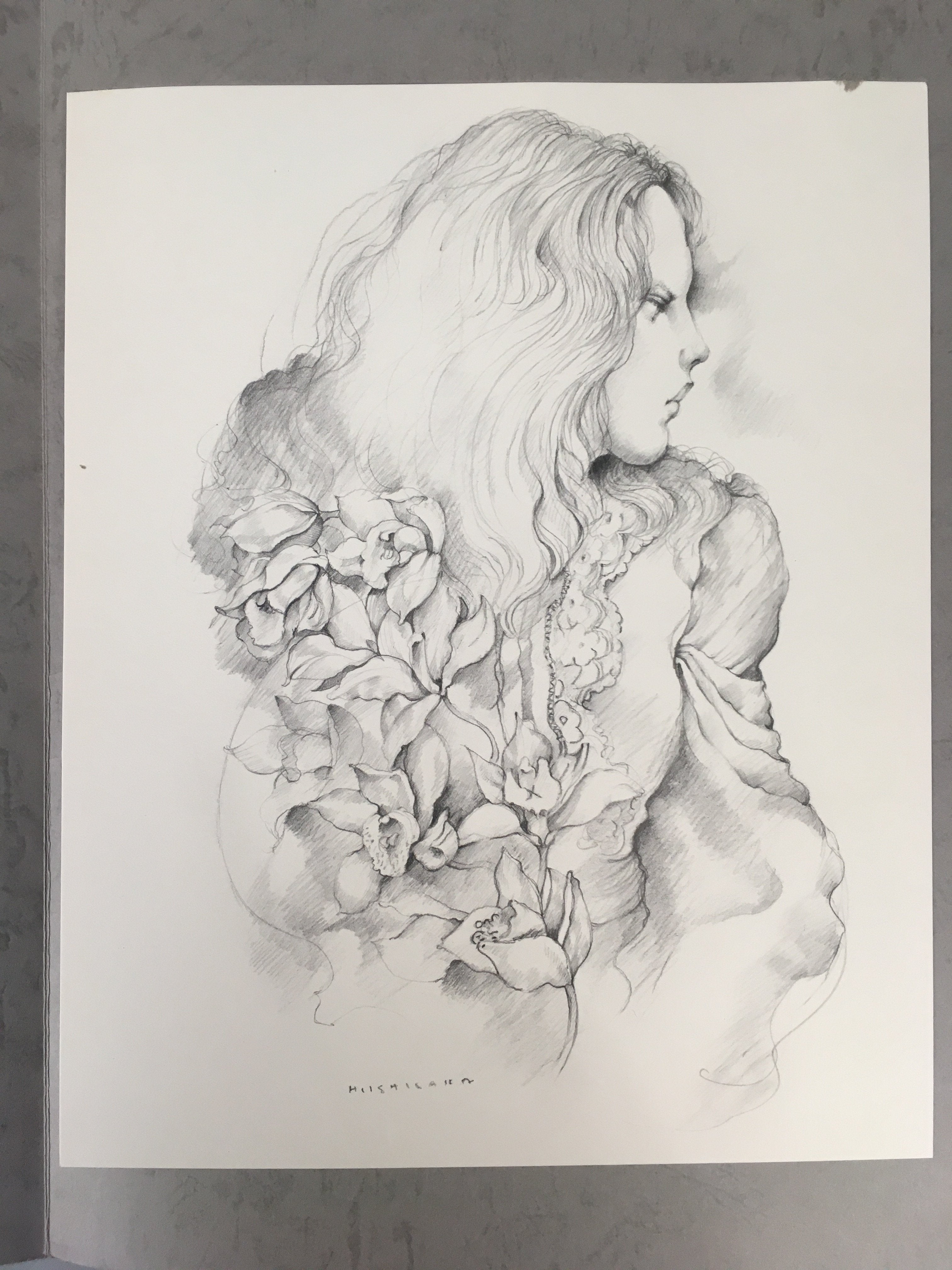Japanese Art Print Sketching Drawing Woman Profile Dessins Vtg