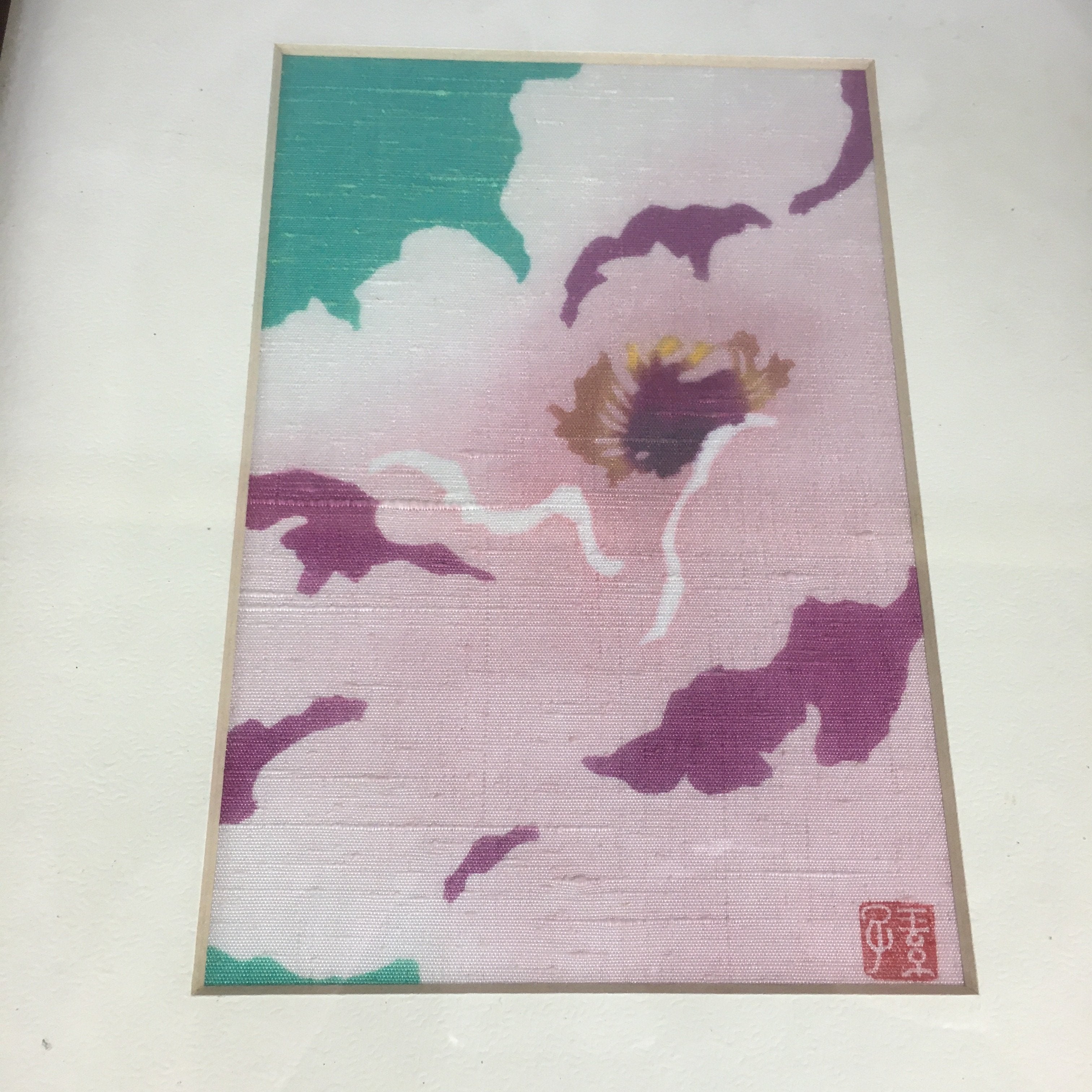 Japanese Art Print Vtg Framed Dyed Picture Pink Peony Flower JK186