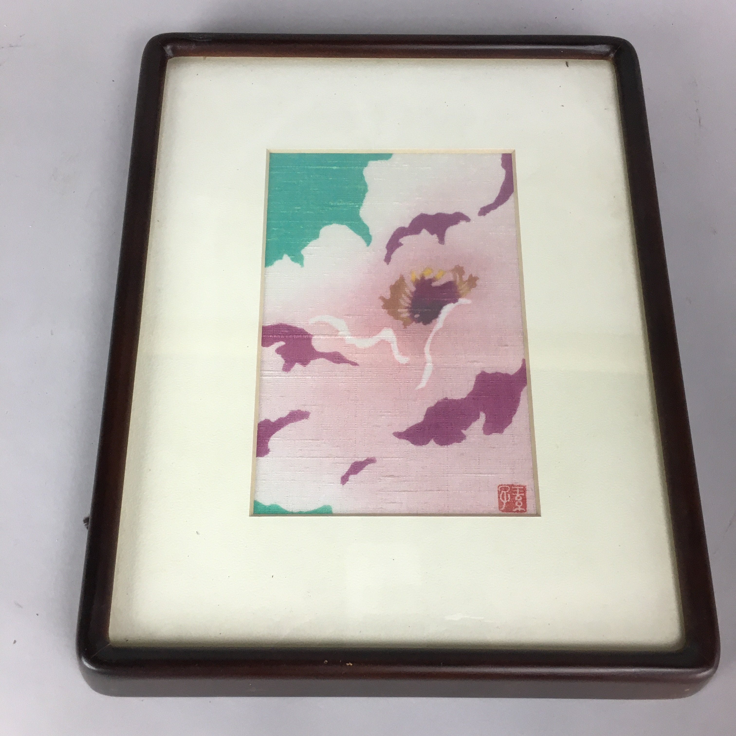 Japanese Art Print Vtg Framed Dyed Picture Pink Peony Flower JK186