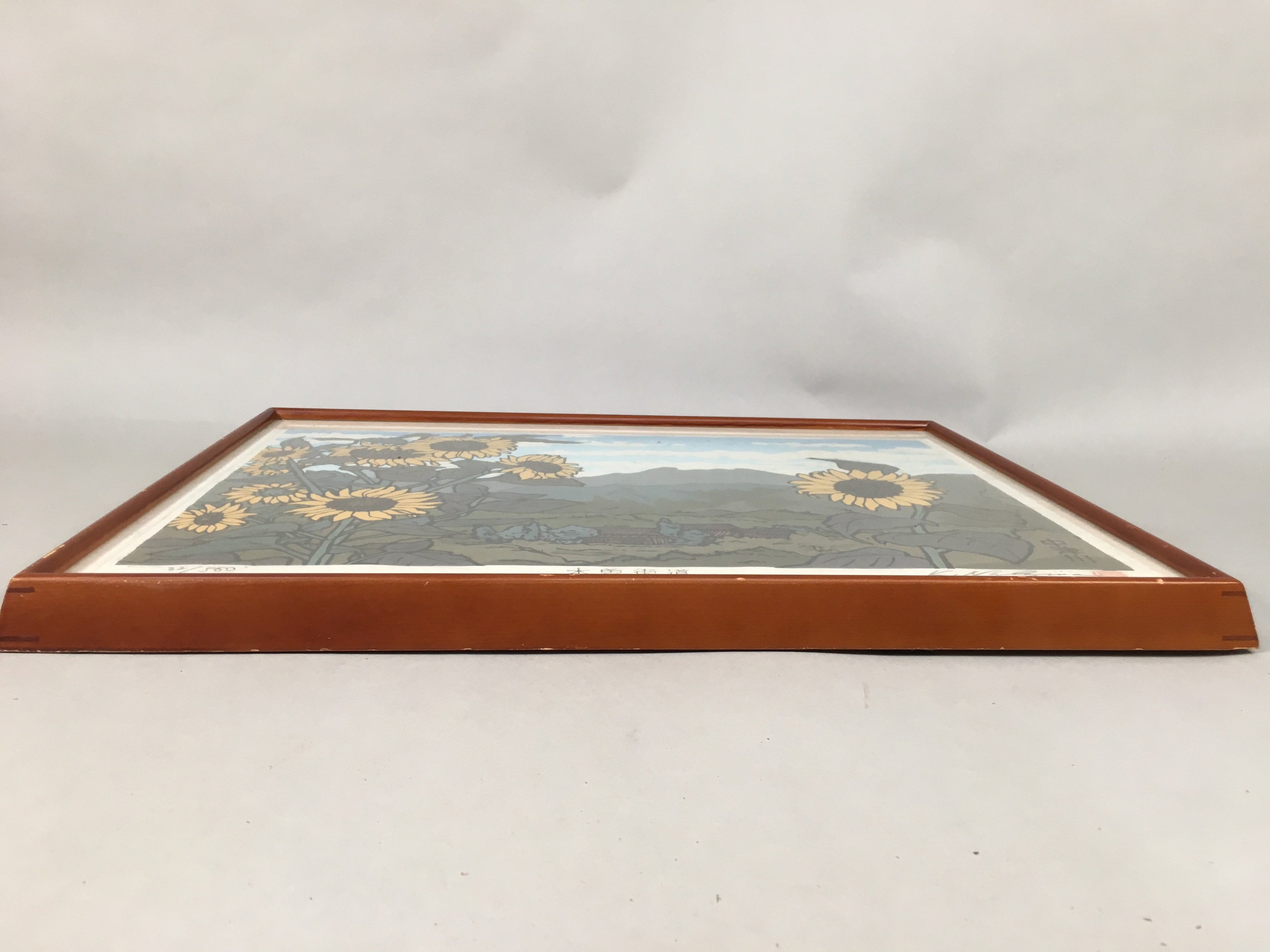 Japanese Art Print Woodblock Vtg Framed Hanga KIsokaido Mountain Sunflower JK179