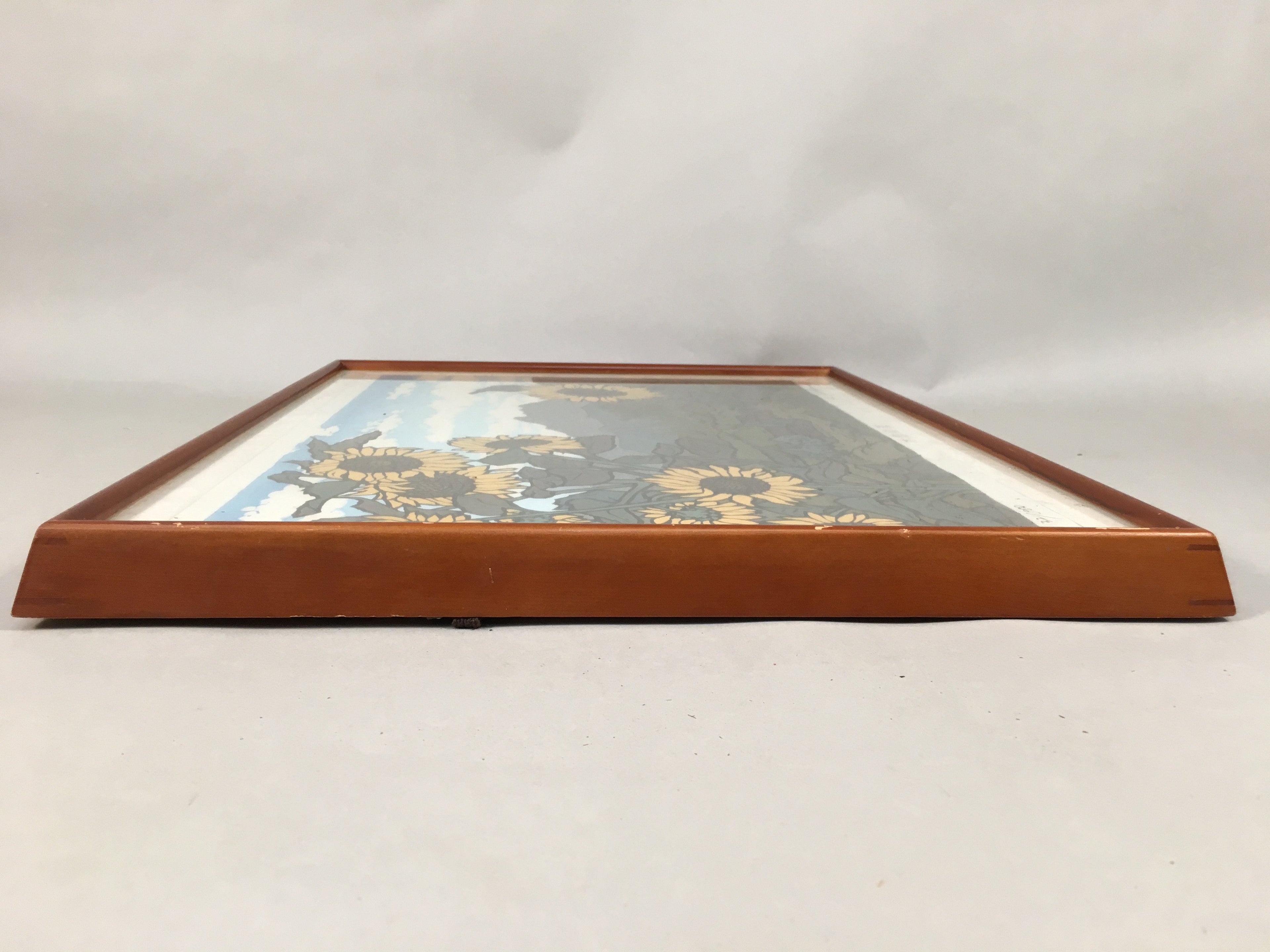 Japanese Art Print Woodblock Vtg Framed Hanga KIsokaido Mountain Sunflower JK179