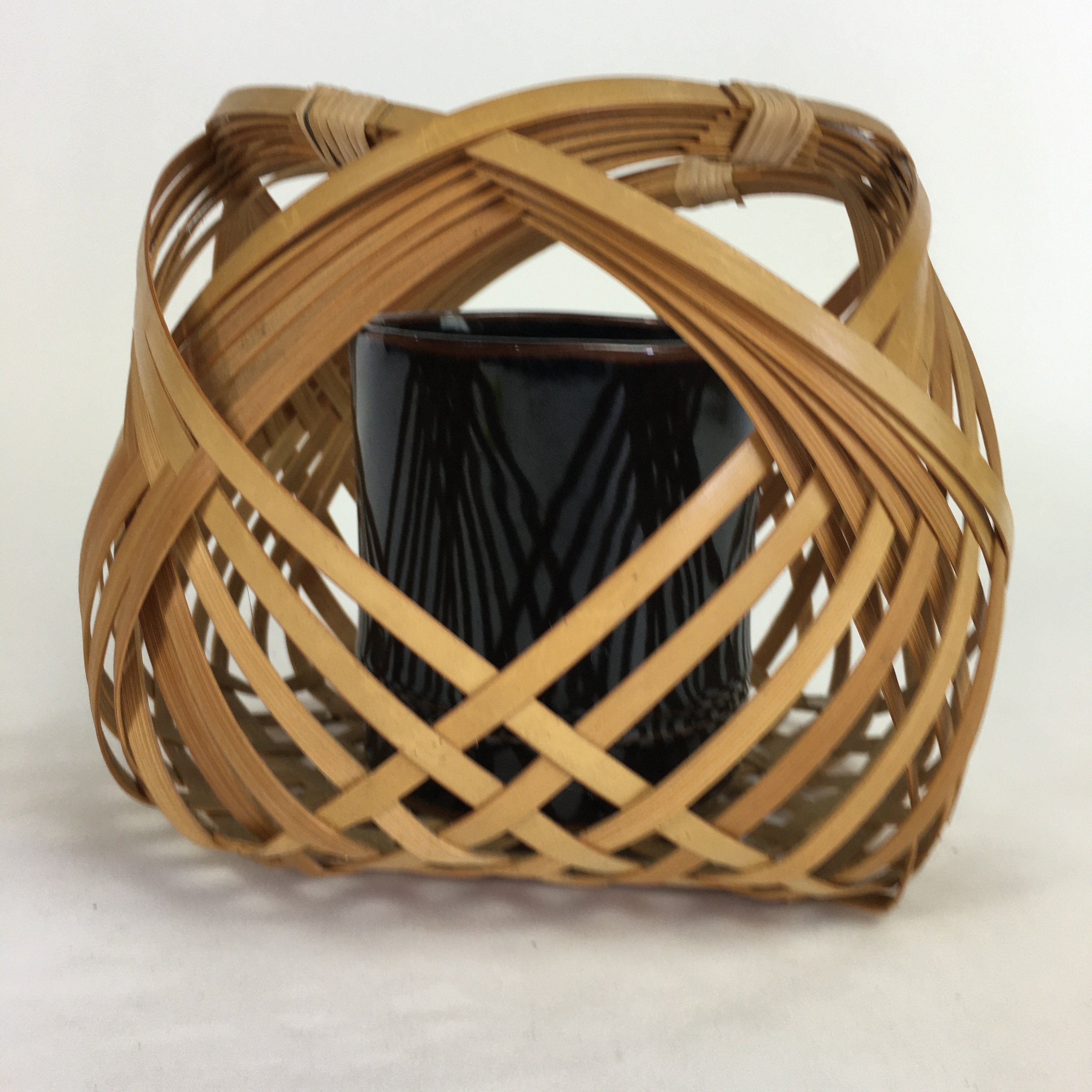 Japanese Bamboo Basket Ceramic Vase Vtg Flower Arrangement Ikebana FFV914