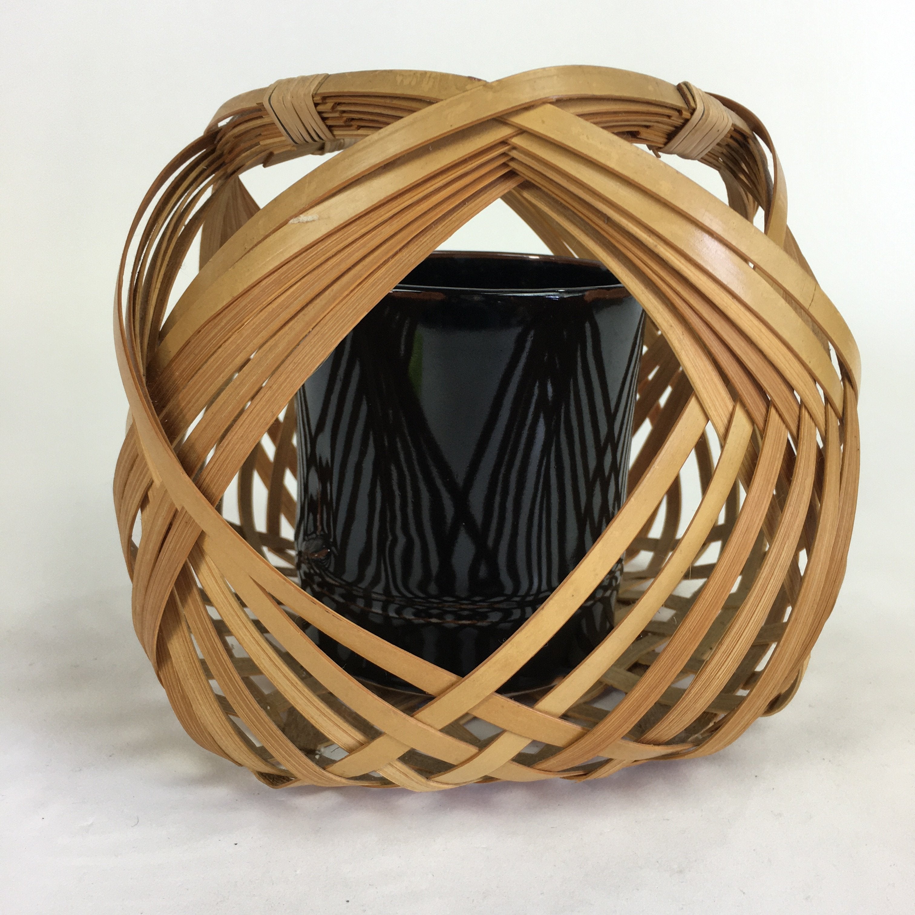 Japanese Bamboo Basket Ceramic Vase Vtg Flower Arrangement Ikebana FFV914