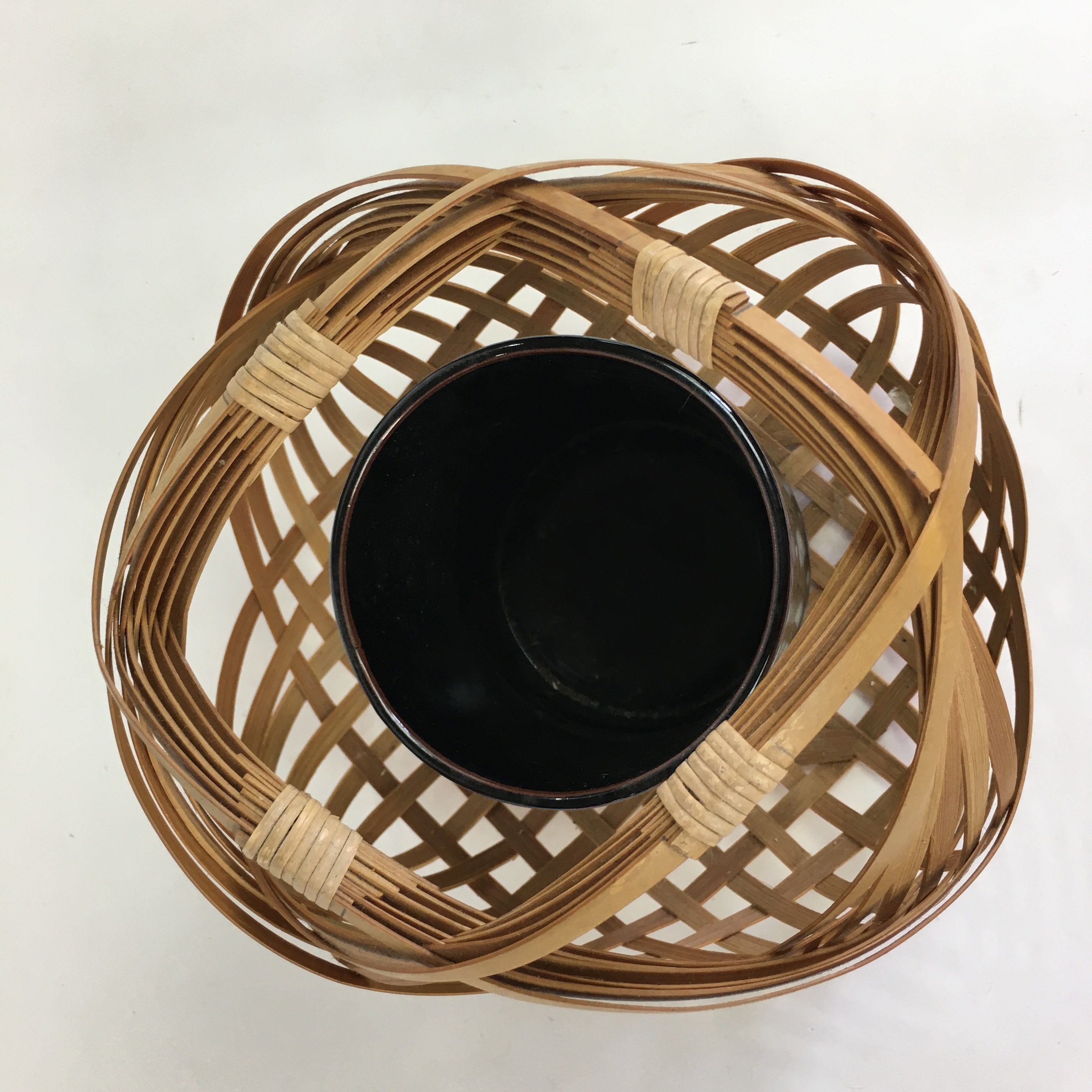 Japanese Bamboo Basket Ceramic Vase Vtg Flower Arrangement Ikebana FFV914