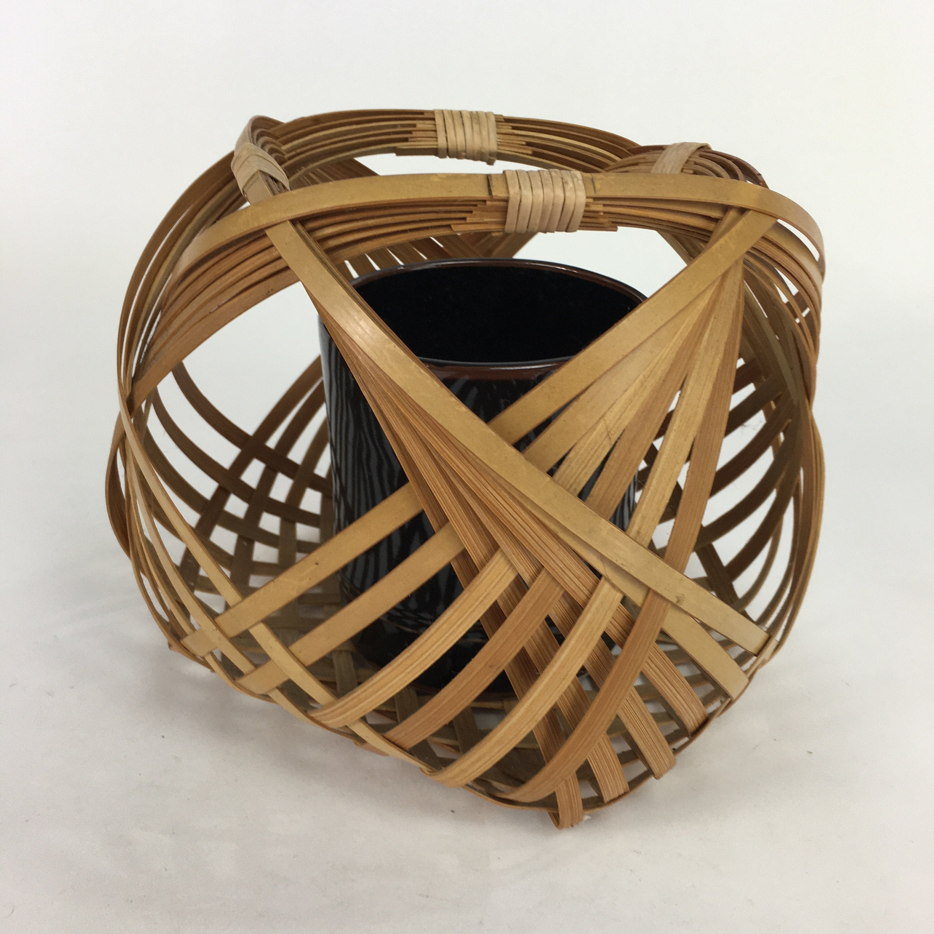 Japanese Bamboo Basket Ceramic Vase Vtg Flower Arrangement Ikebana FFV914