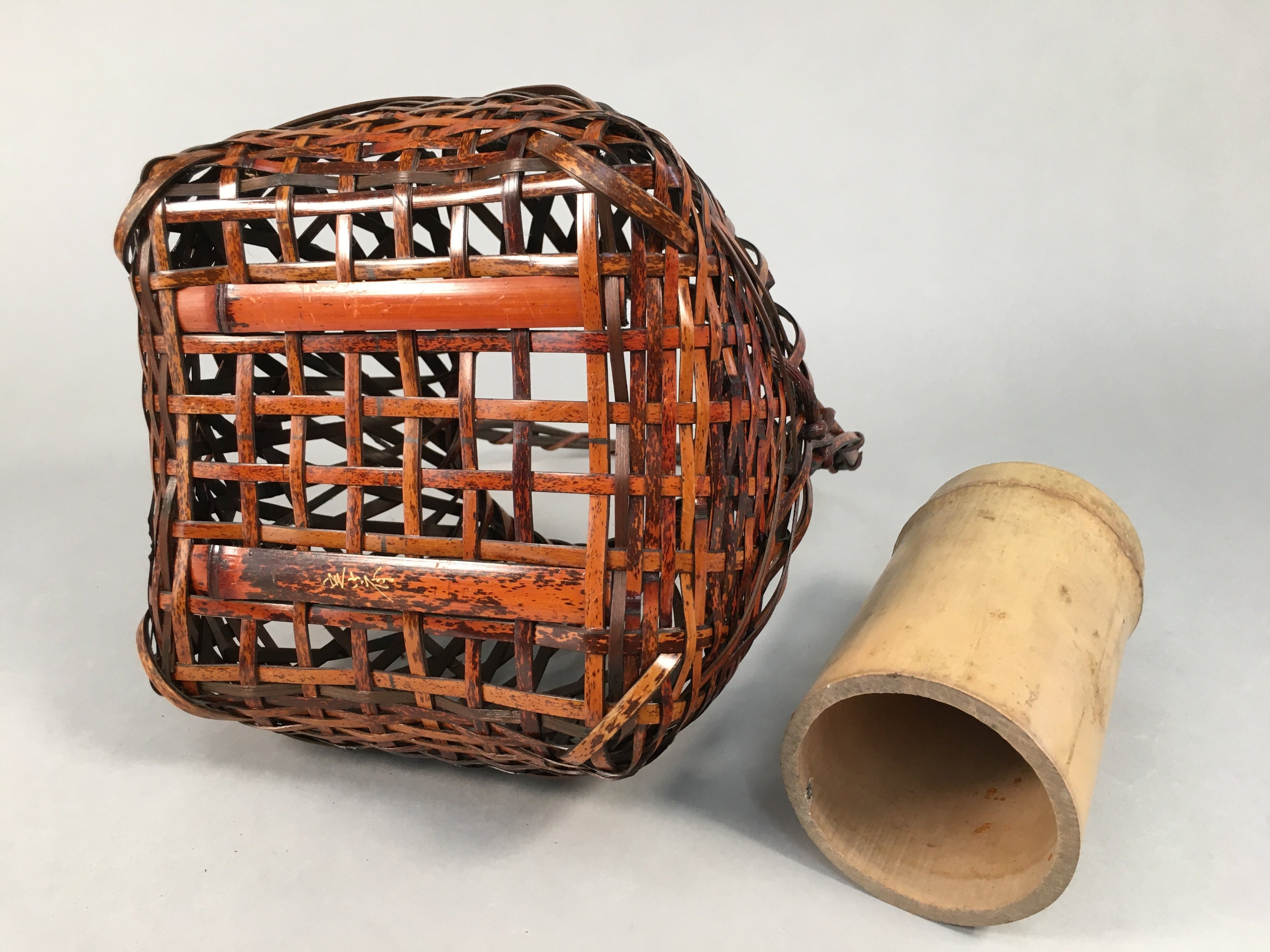 Japanese Bamboo Basket Vtg Flower Vase Ikebana Arrangement Kado B145