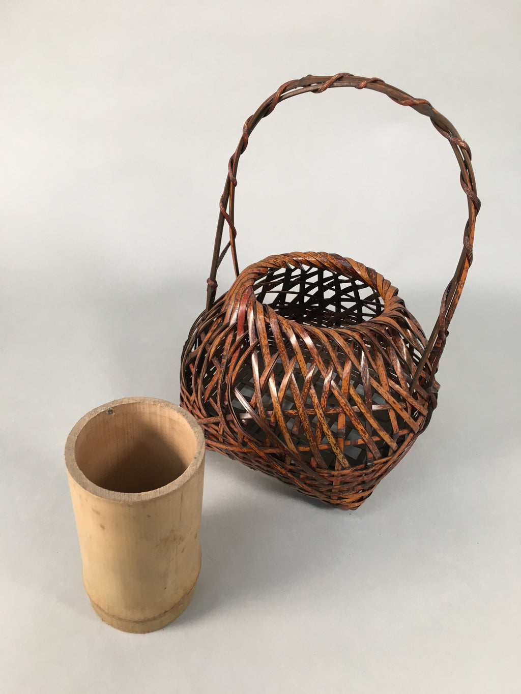 Japanese Bamboo Basket Vtg Flower Vase Ikebana Arrangement Kado B145