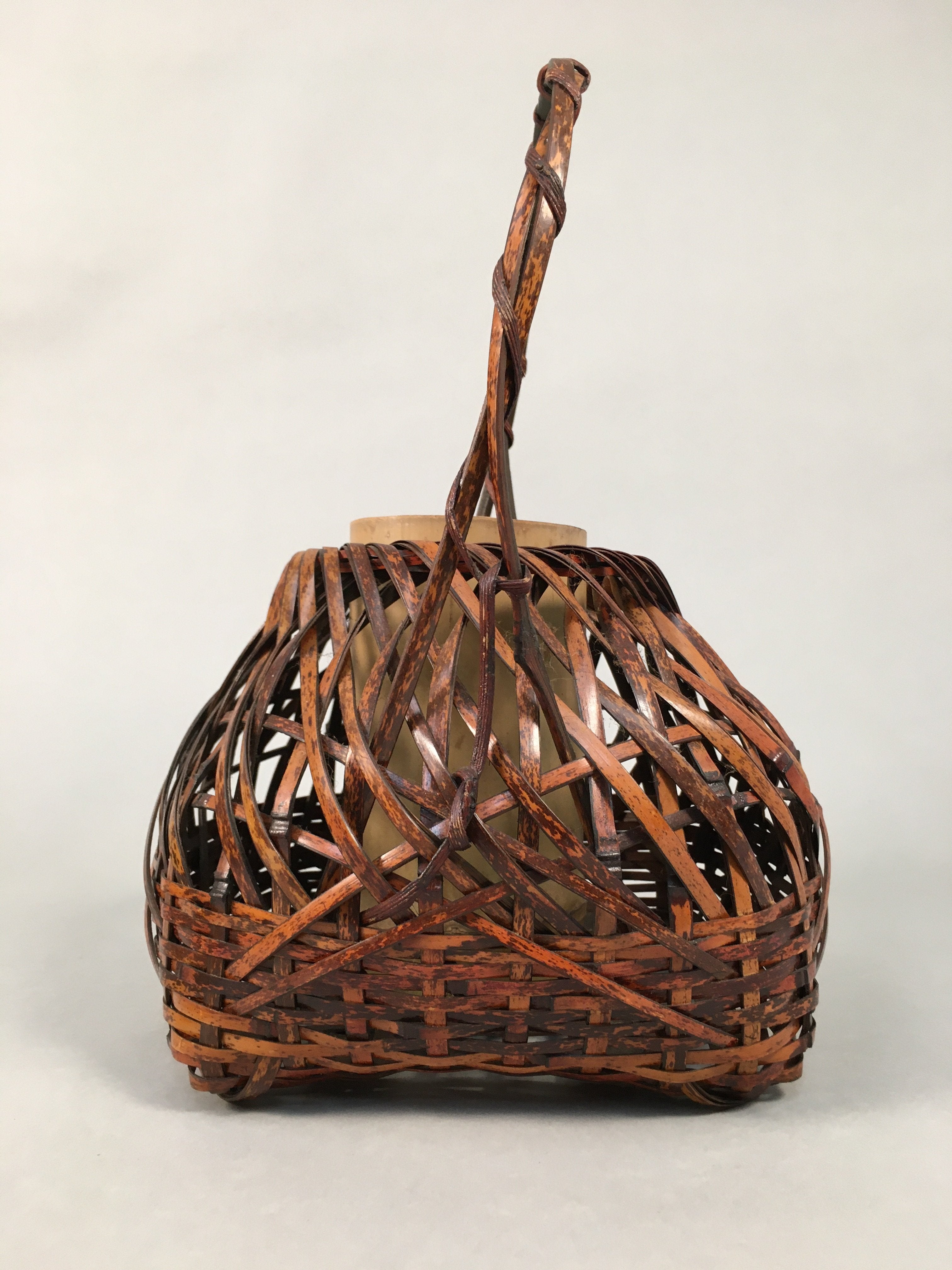 Japanese Bamboo Basket Vtg Flower Vase Ikebana Arrangement Kado B145