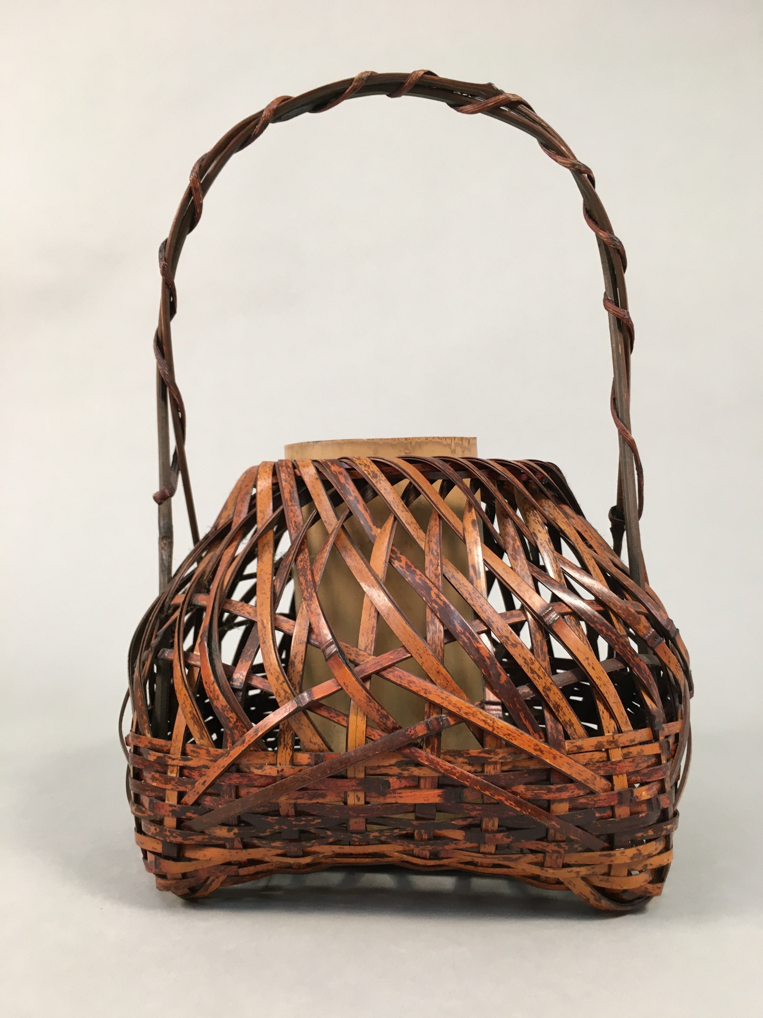 Japanese Bamboo Basket Vtg Flower Vase Ikebana Arrangement Kado B145