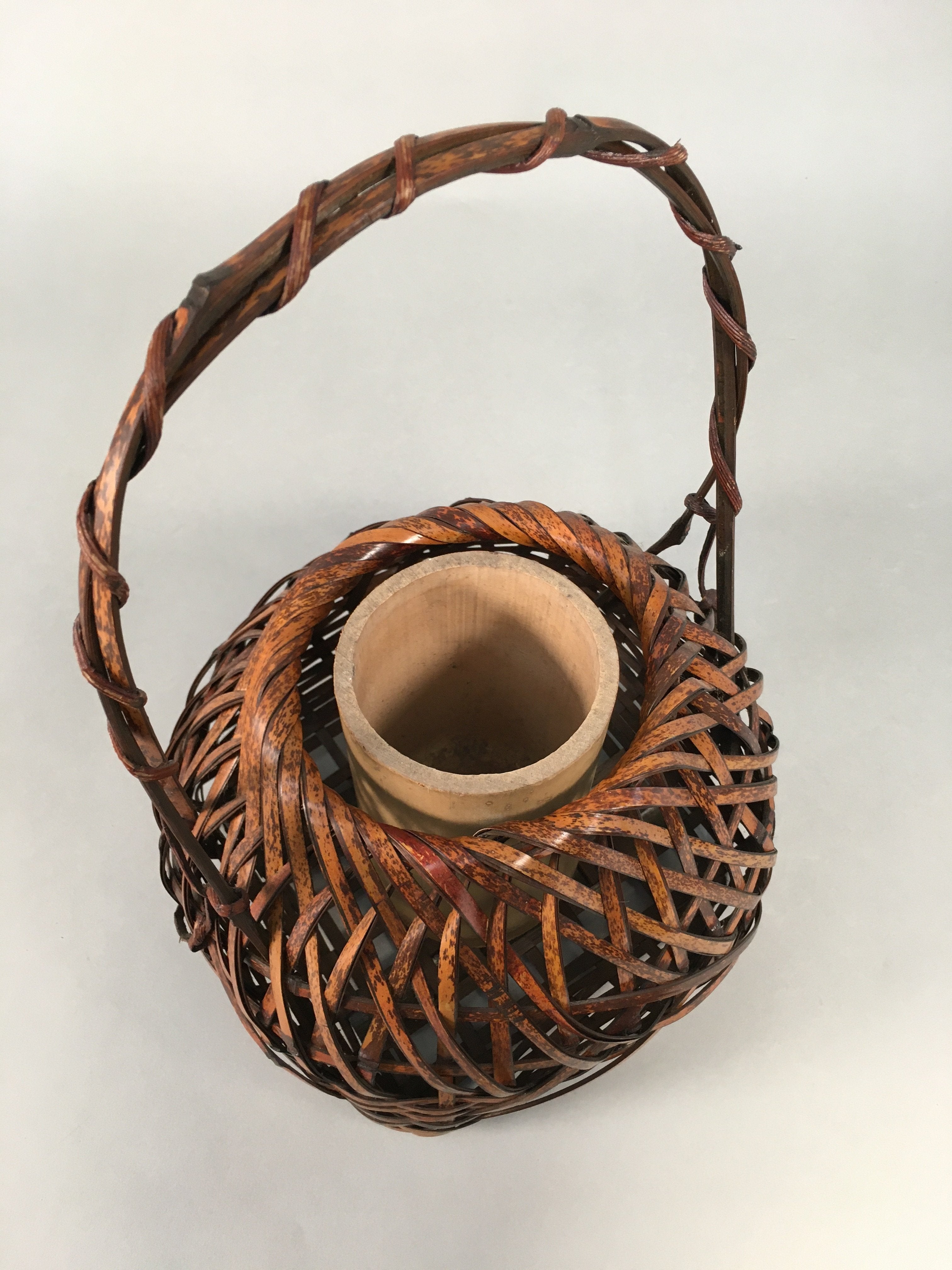 Japanese Bamboo Basket Vtg Flower Vase Ikebana Arrangement Kado B145
