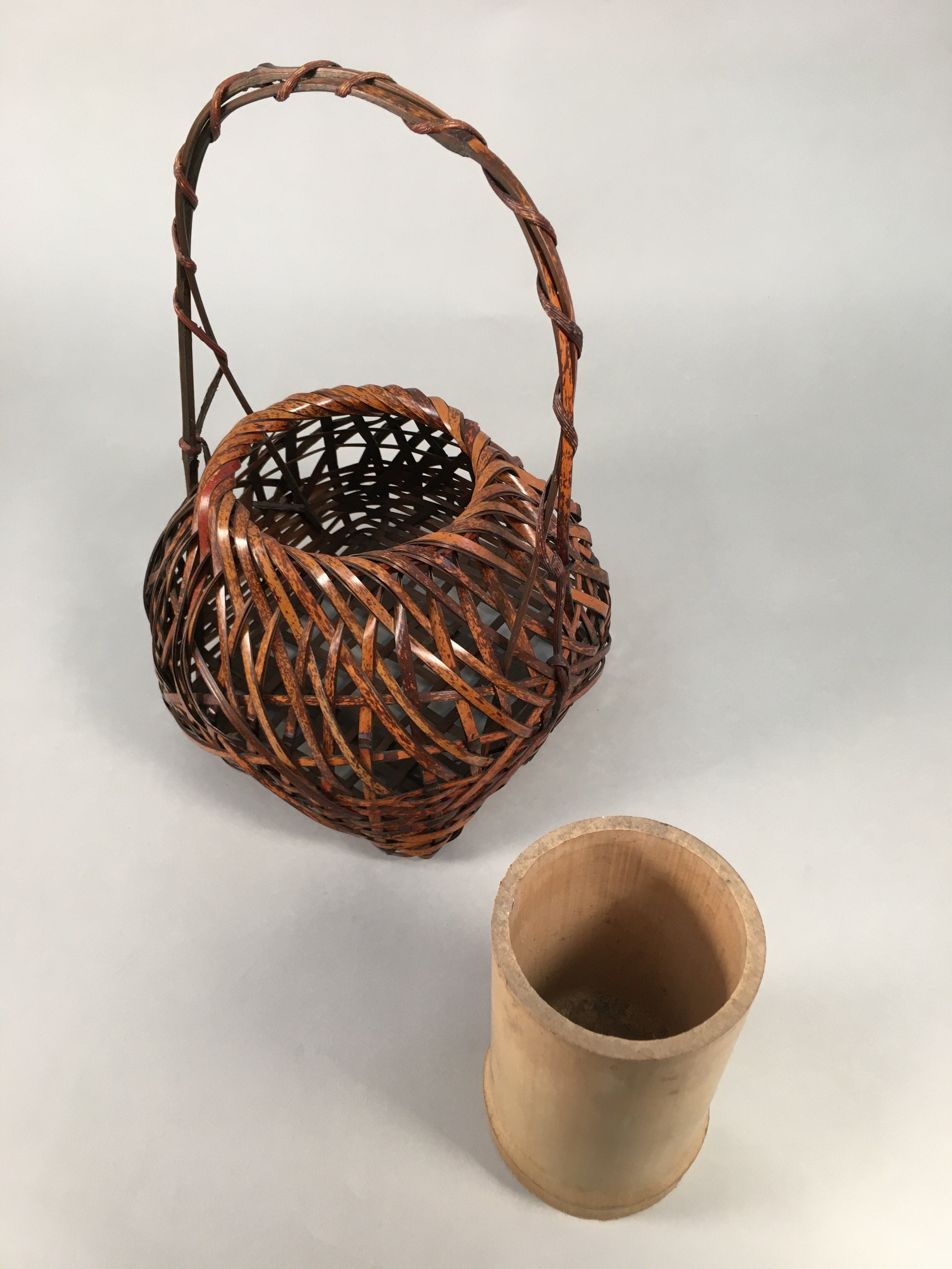 Japanese Bamboo Basket Vtg Flower Vase Ikebana Arrangement Kado B145