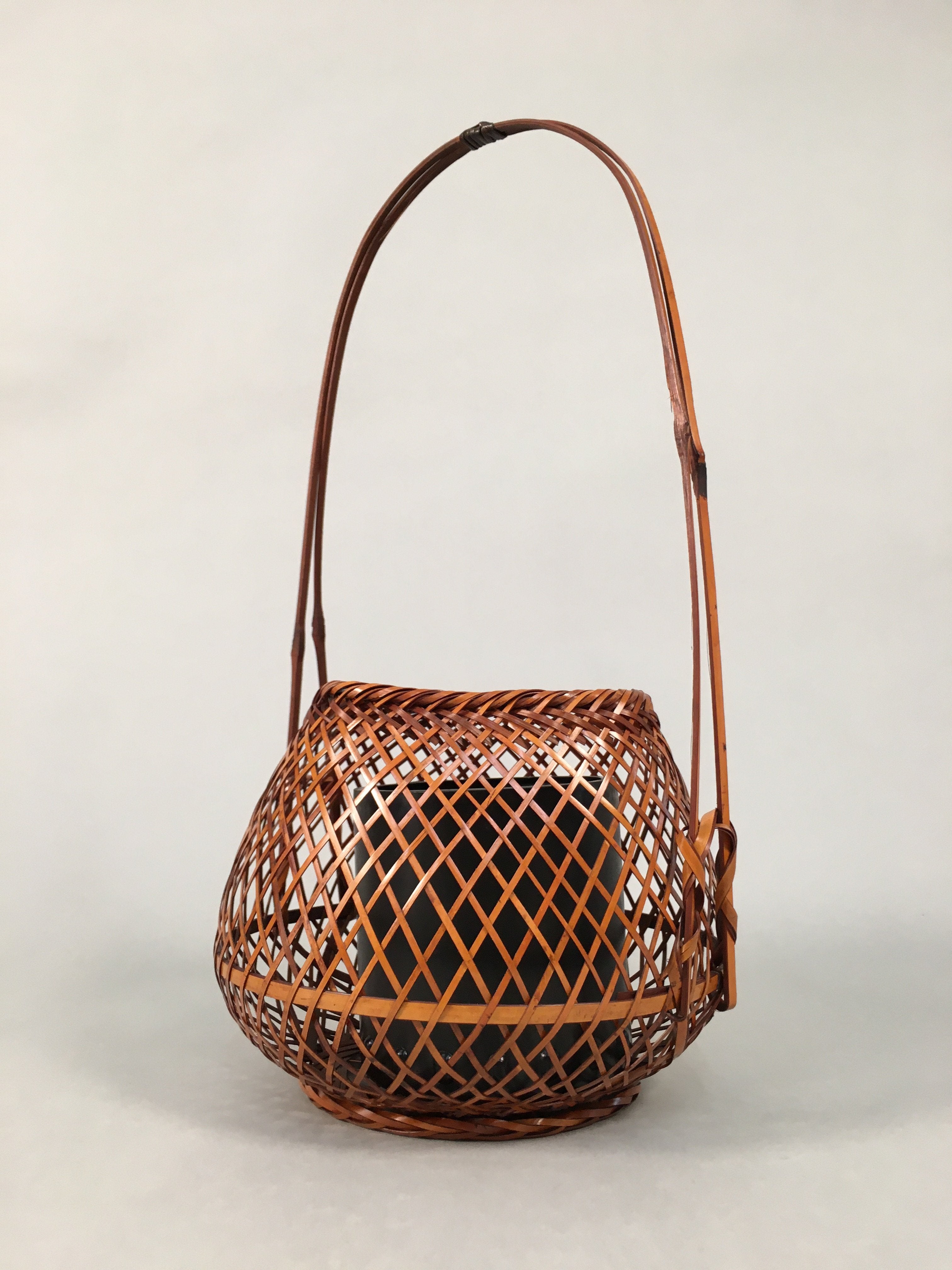 Japanese Bamboo Basket Vtg Flower Vase Ikebana Arrangement Kado B146