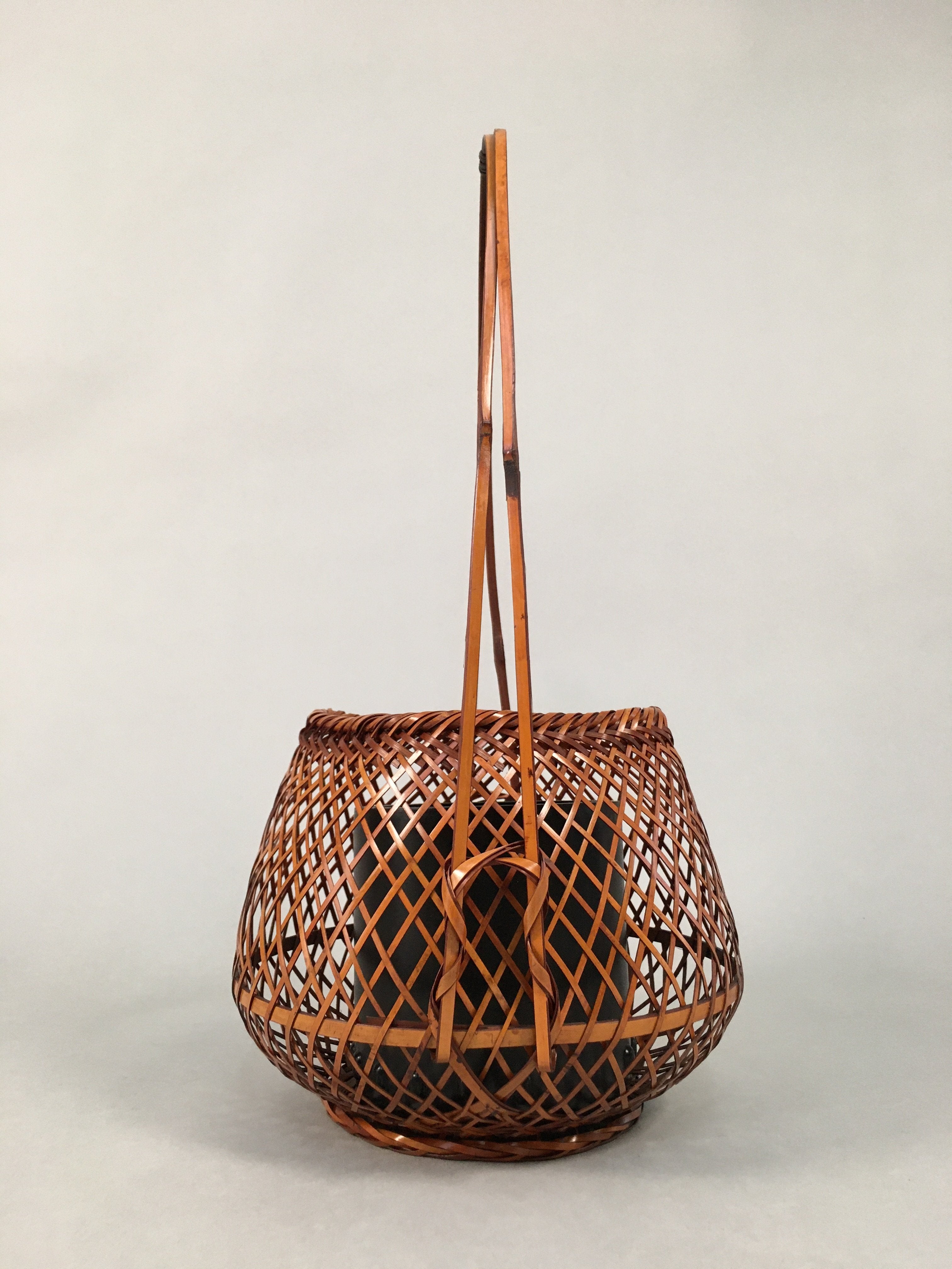 Japanese Bamboo Basket Vtg Flower Vase Ikebana Arrangement Kado B146