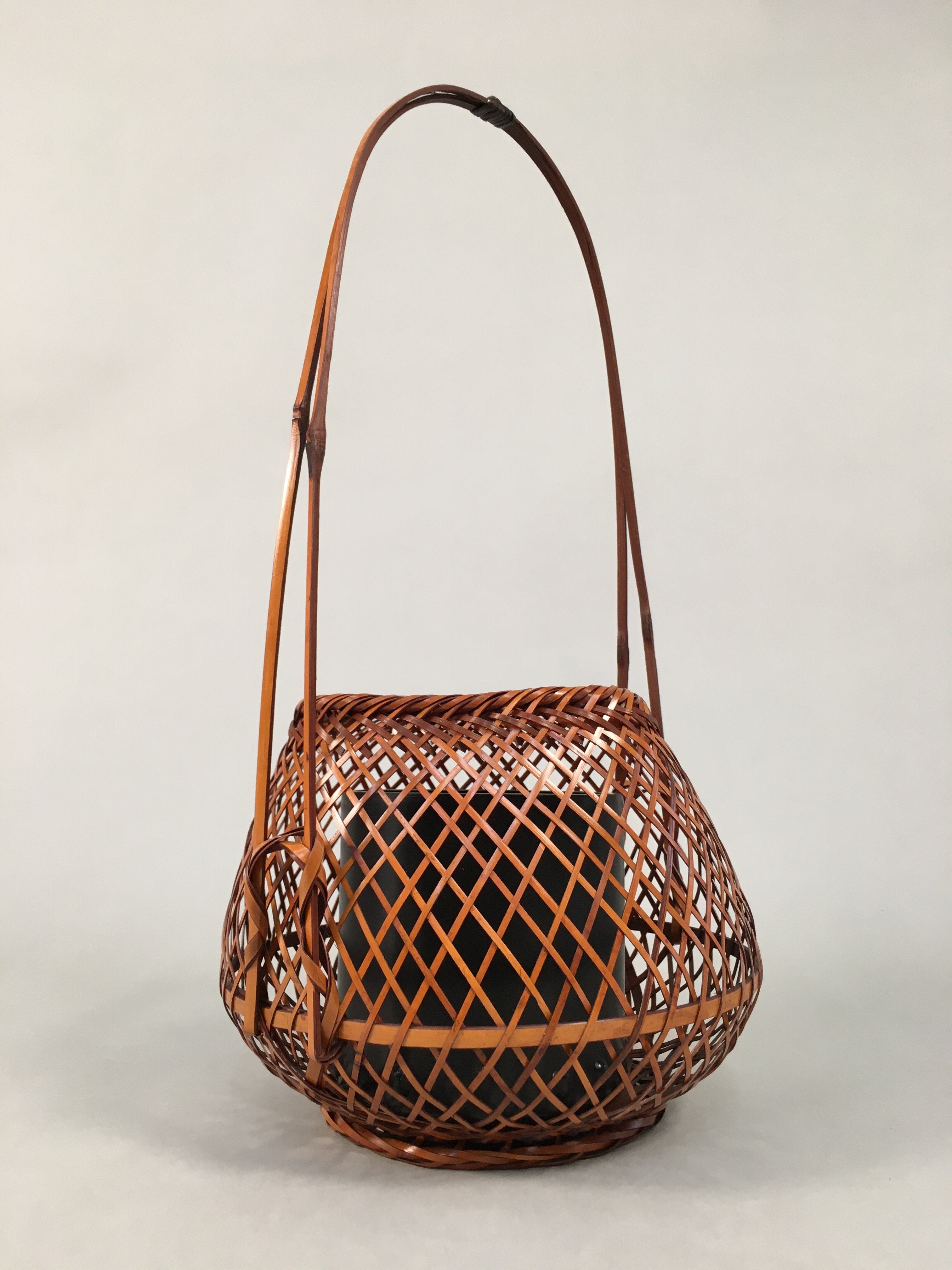 Japanese Bamboo Basket Vtg Flower Vase Ikebana Arrangement Kado B146