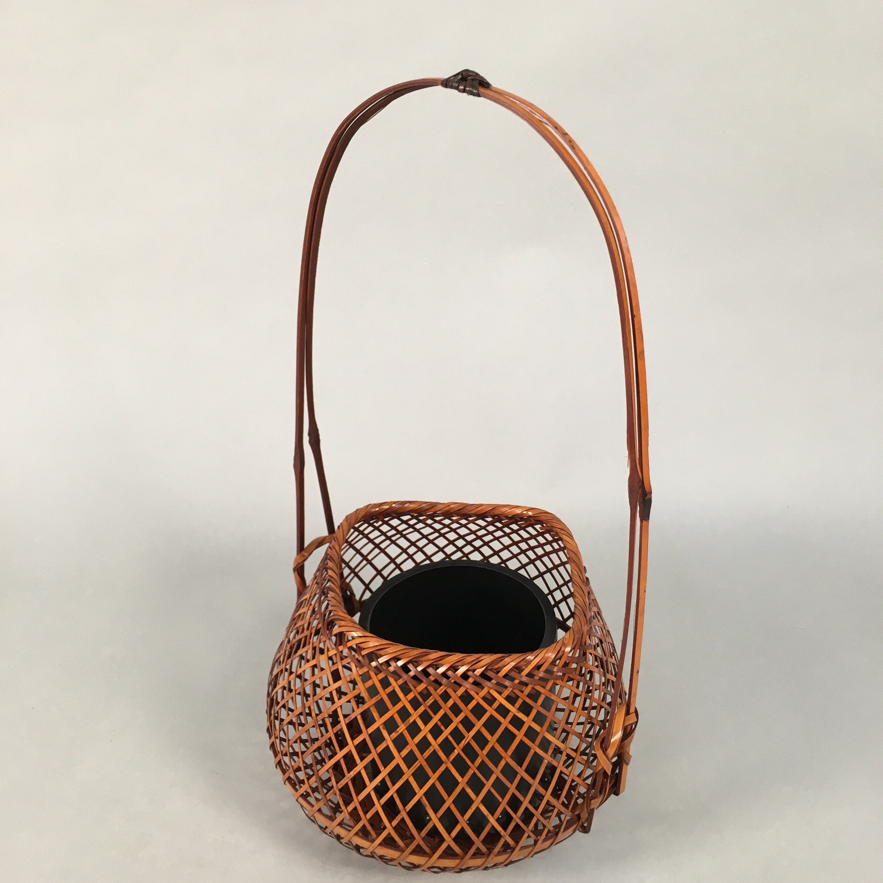 Japanese Bamboo Basket Vtg Flower Vase Ikebana Arrangement Kado B146