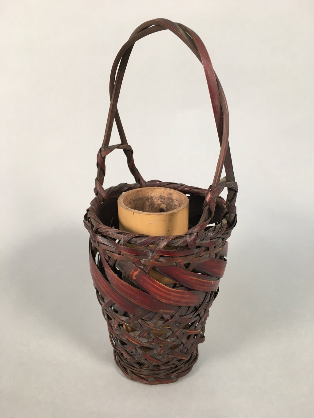 Japanese Bamboo Basket Vtg Flower Vase Ikebana Arrangement Kado B148