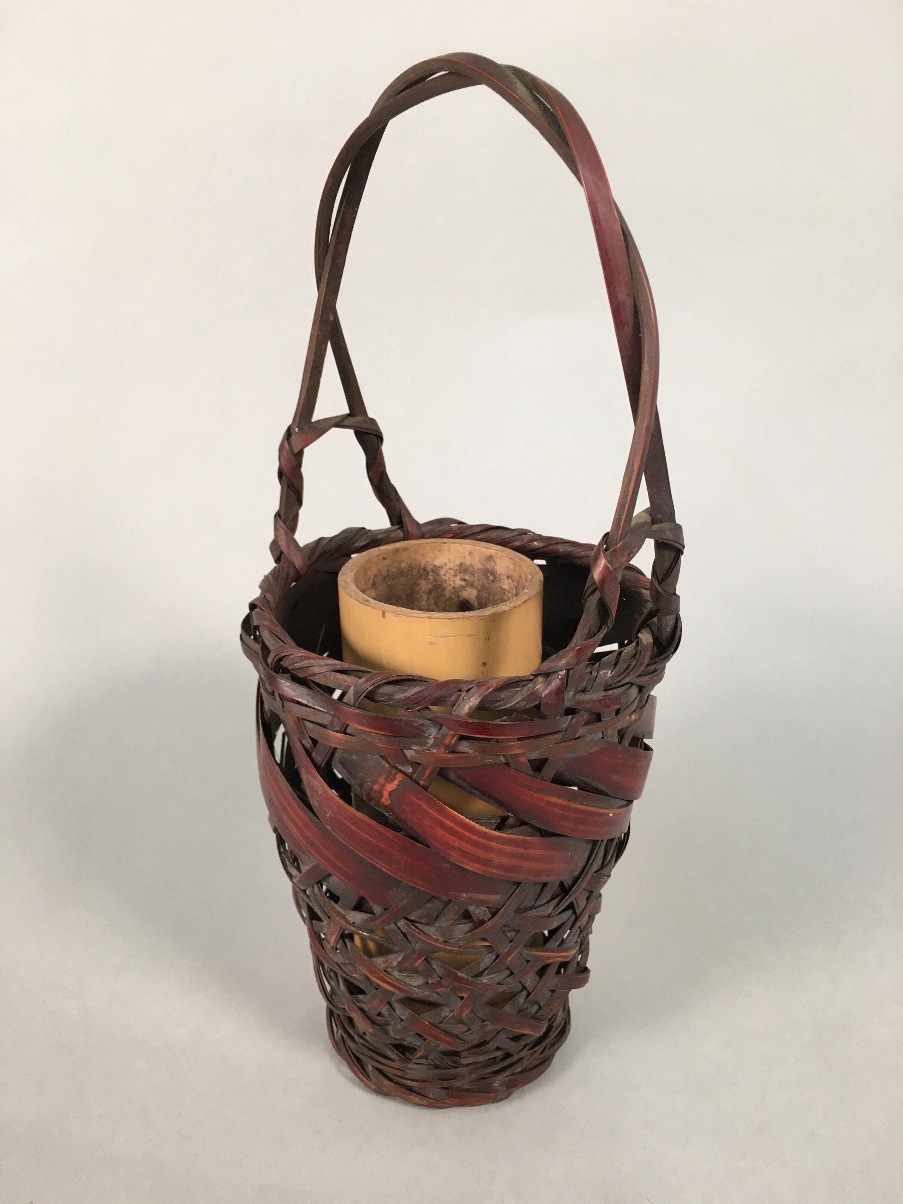 Japanese Bamboo Basket Vtg Flower Vase Ikebana Arrangement Kado B148