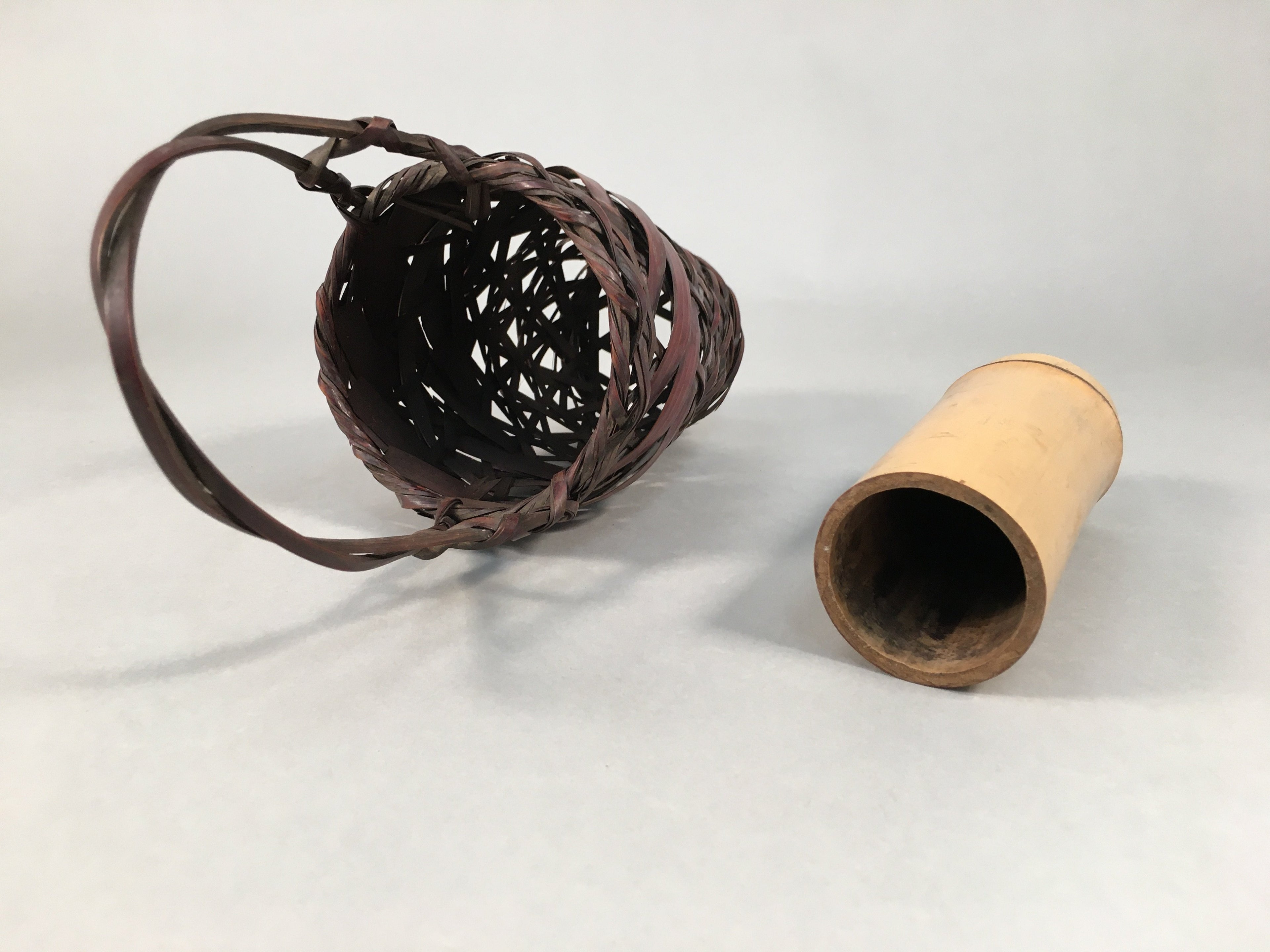 Japanese Bamboo Basket Vtg Flower Vase Ikebana Arrangement Kado B148