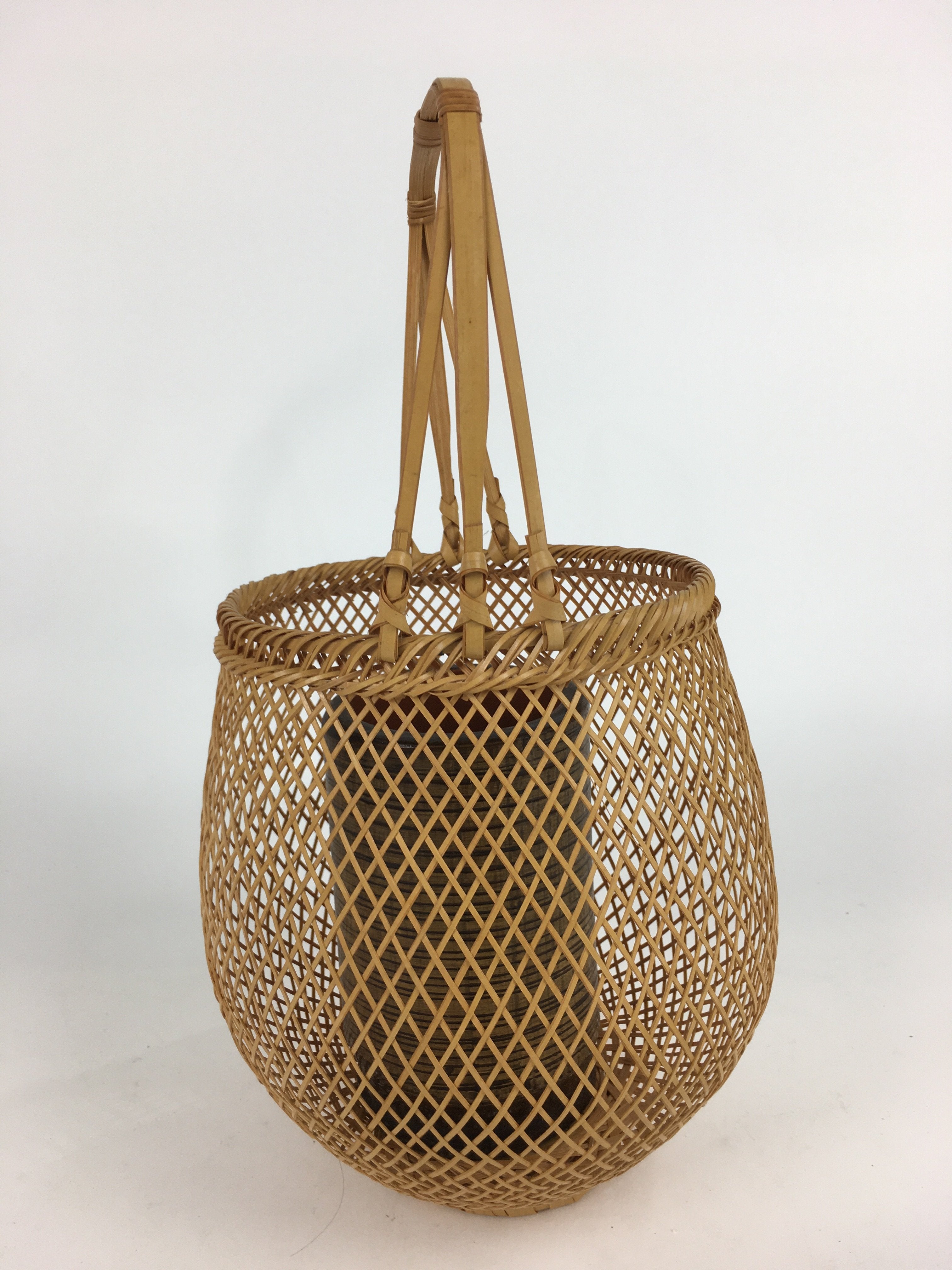 Japanese Bamboo Basket Vtg Ikebana Flower Arrangement Vase Kado Kago B170