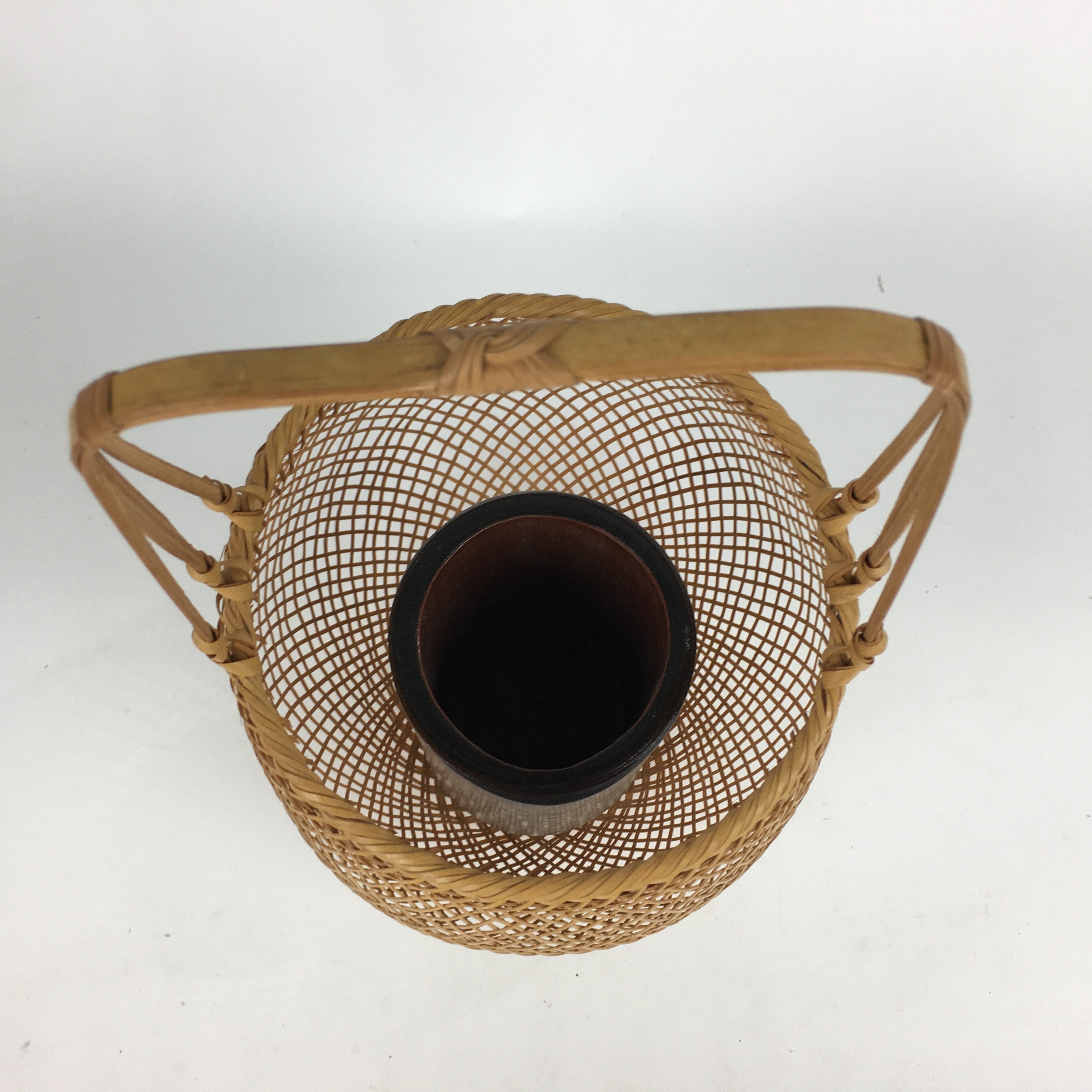 Japanese Bamboo Basket Vtg Ikebana Flower Arrangement Vase Kado Kago B170