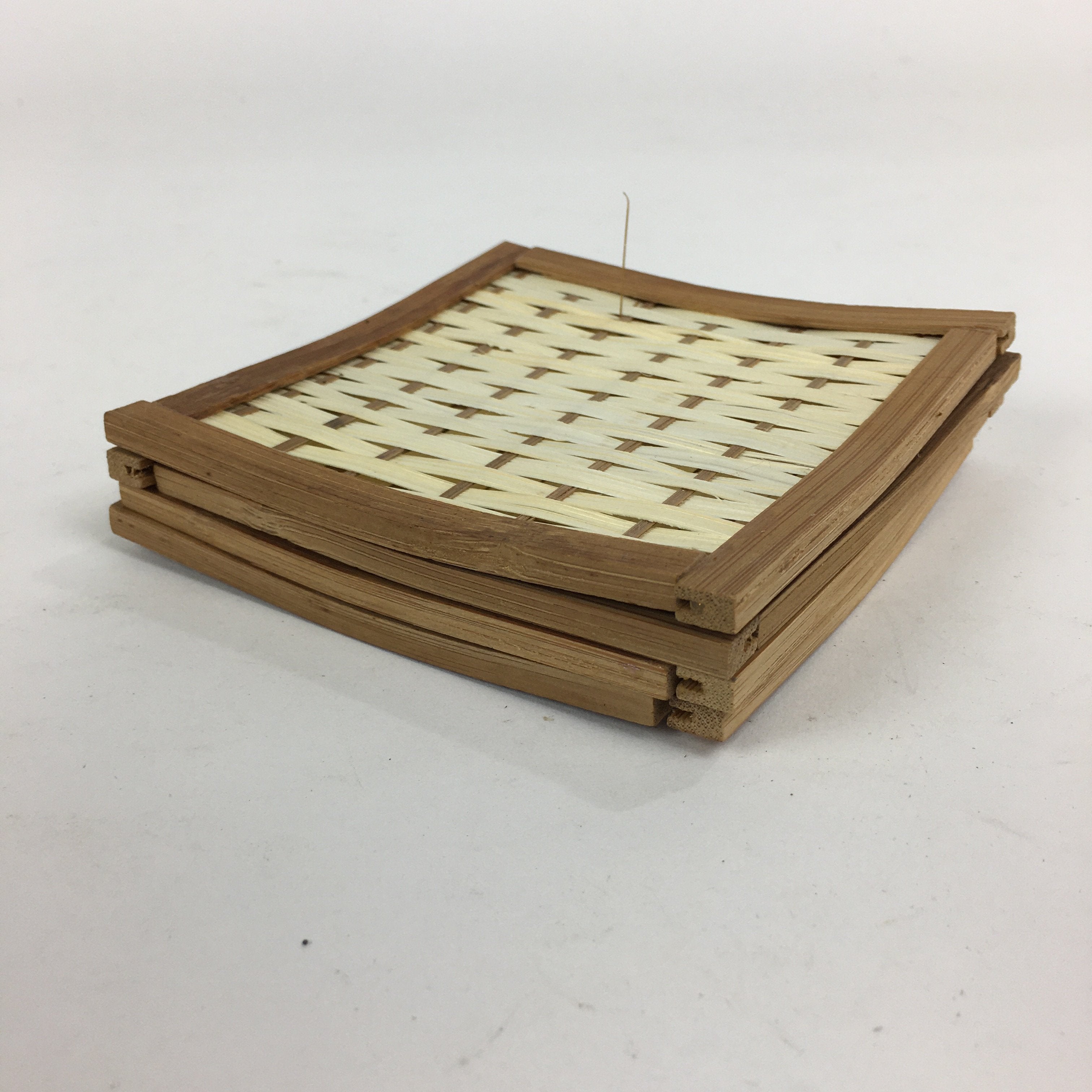 Japanese Bamboo Craft Drink Saucer 4pc Set Vtg Chataku Coaster Brown UR537
