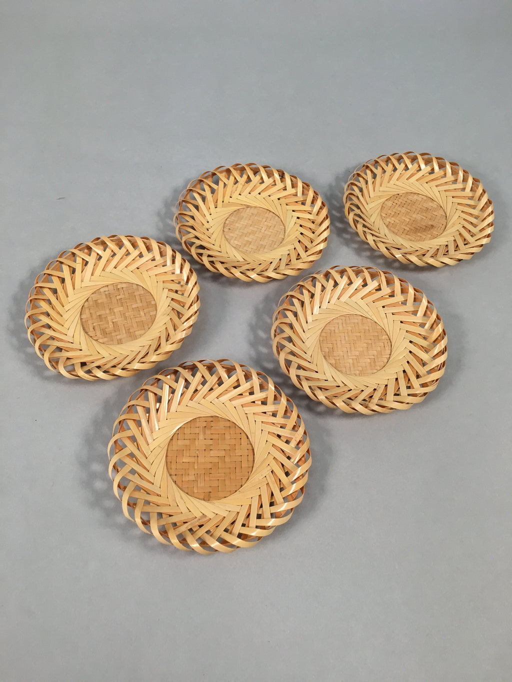 Japanese Bamboo Drink Coaster Saucer 5pc Set Vtg Chataku Round UR477
