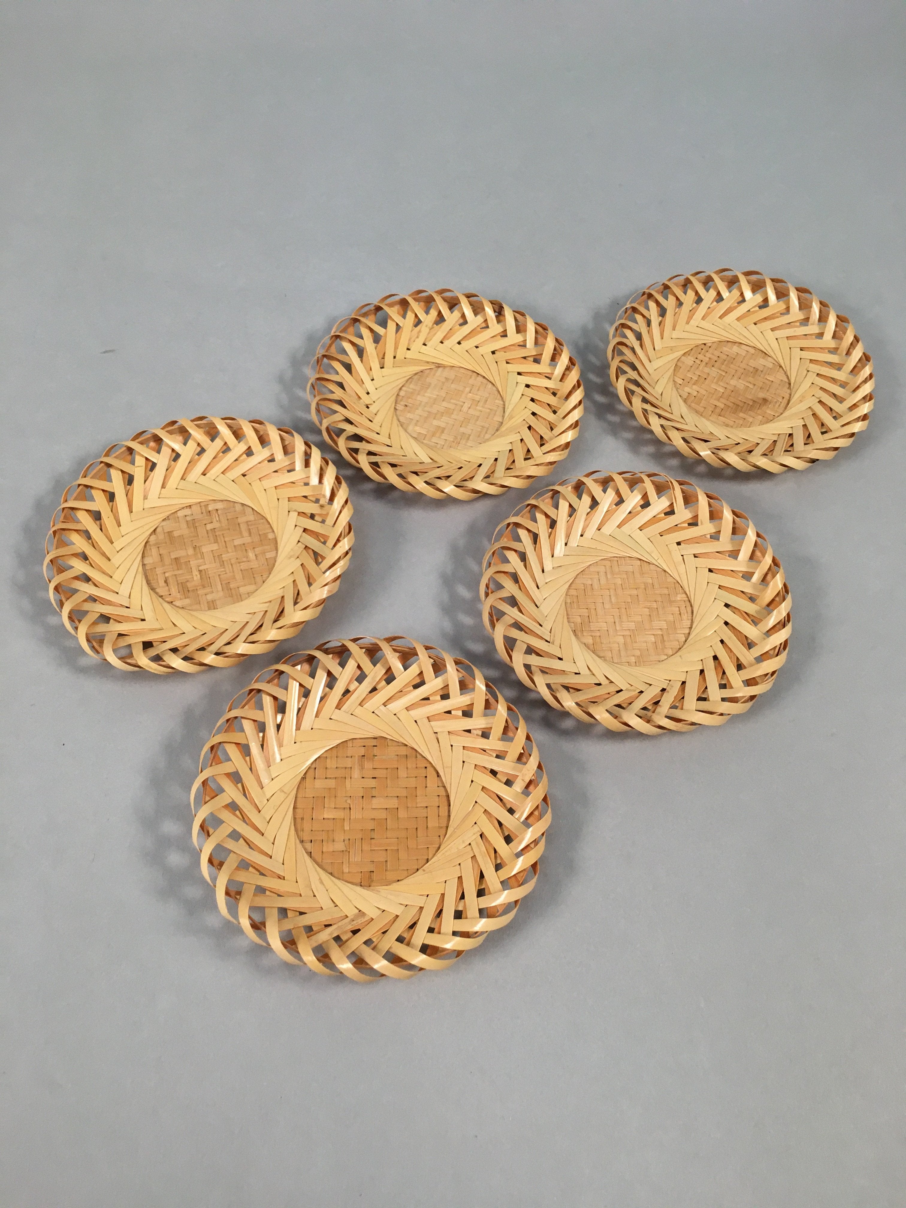 Japanese Bamboo Drink Coaster Saucer 5pc Set Vtg Chataku Round UR477