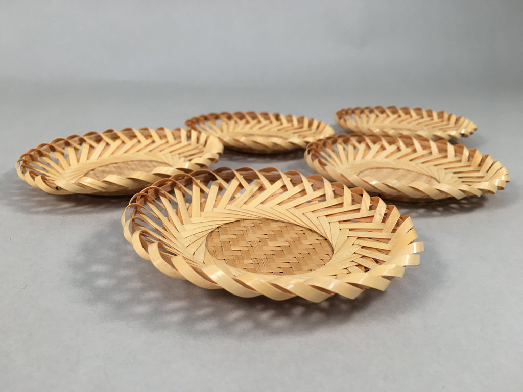 Japanese Bamboo Drink Coaster Saucer 5pc Set Vtg Chataku Round UR477