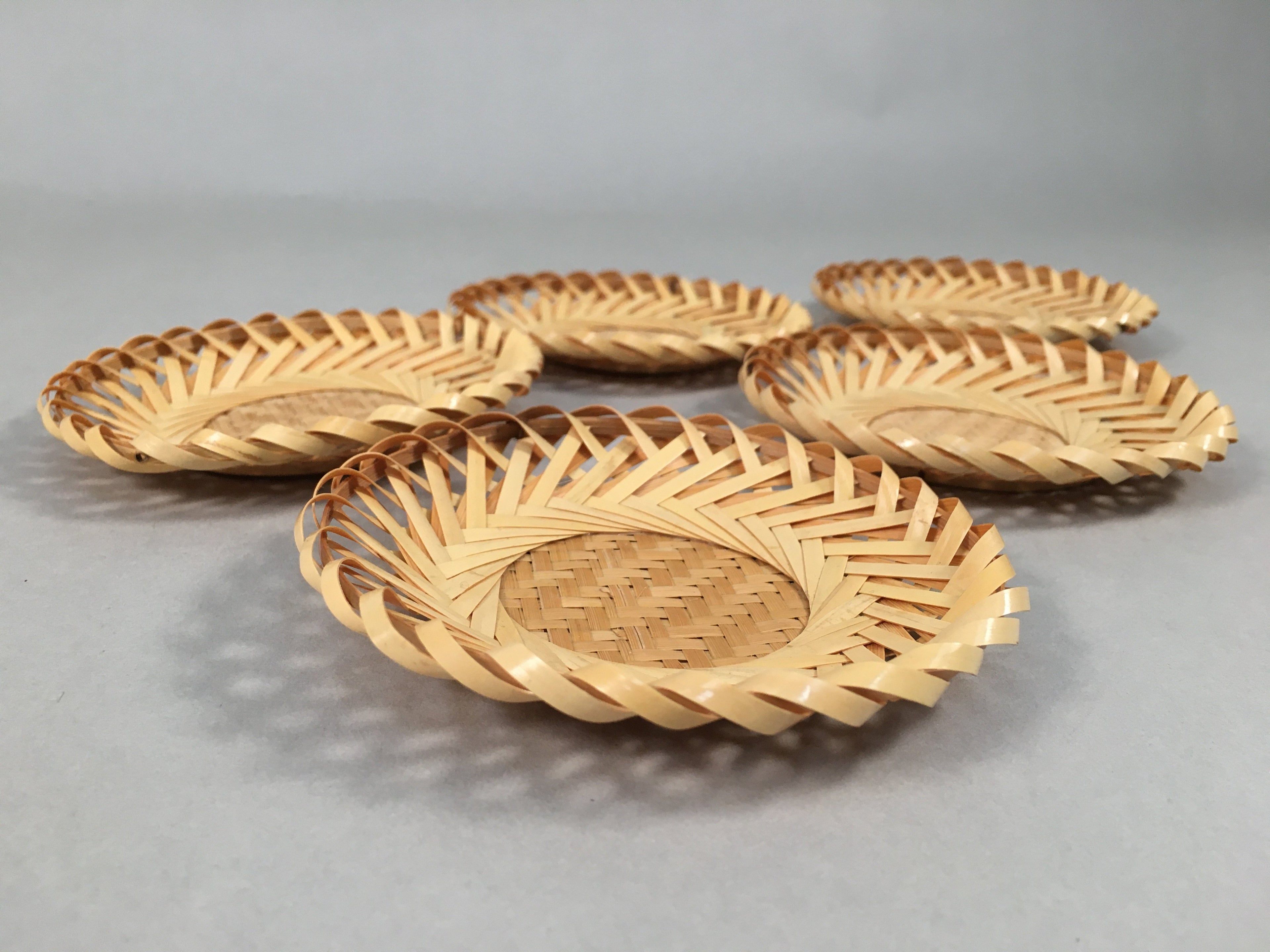 Japanese Bamboo Drink Coaster Saucer 5pc Set Vtg Chataku Round UR477