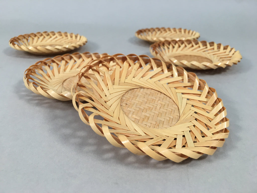 Japanese Bamboo Drink Coaster Saucer 5pc Set Vtg Chataku Round UR477