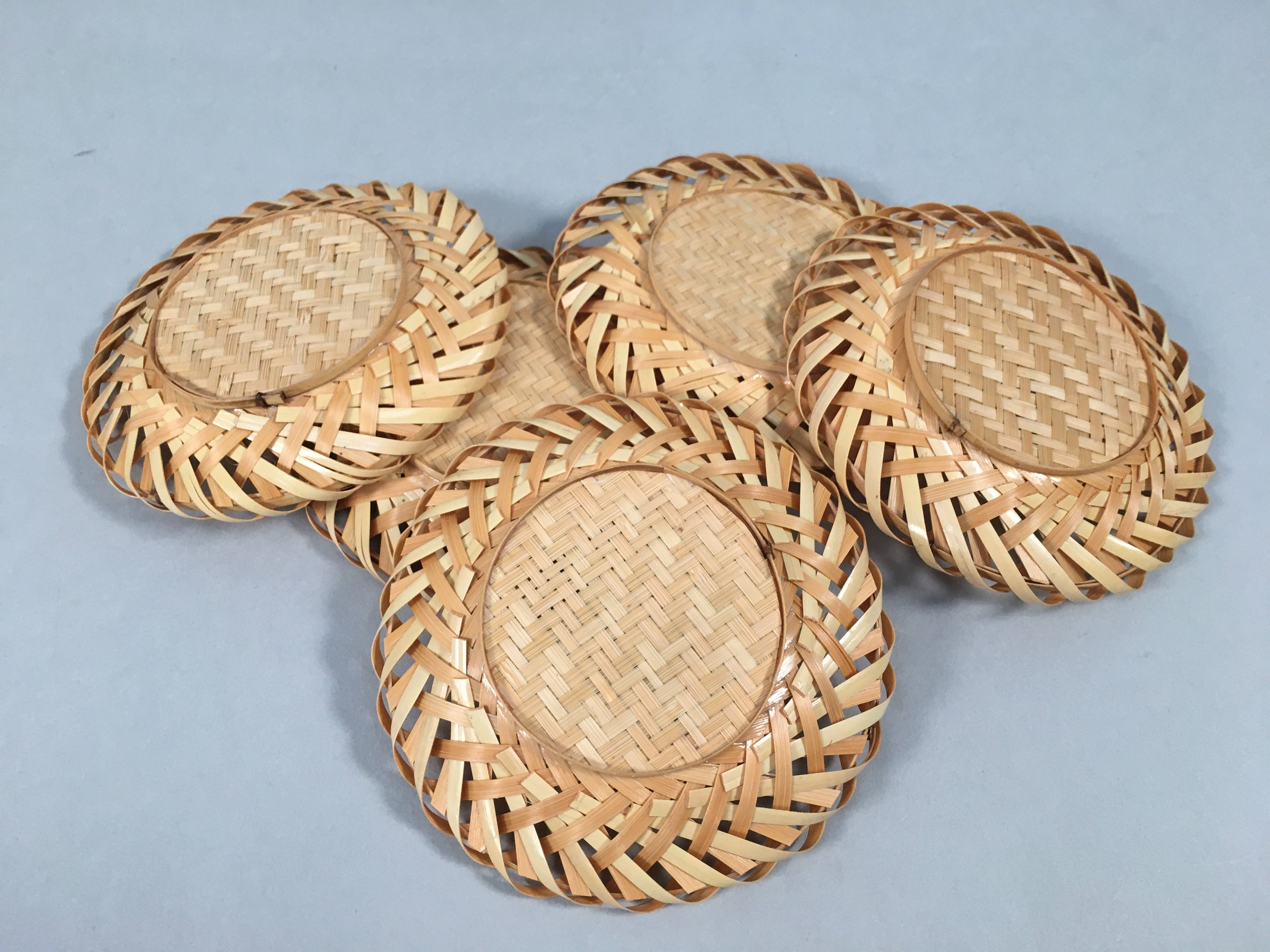 Japanese Bamboo Drink Coaster Saucer 5pc Set Vtg Chataku Round UR477