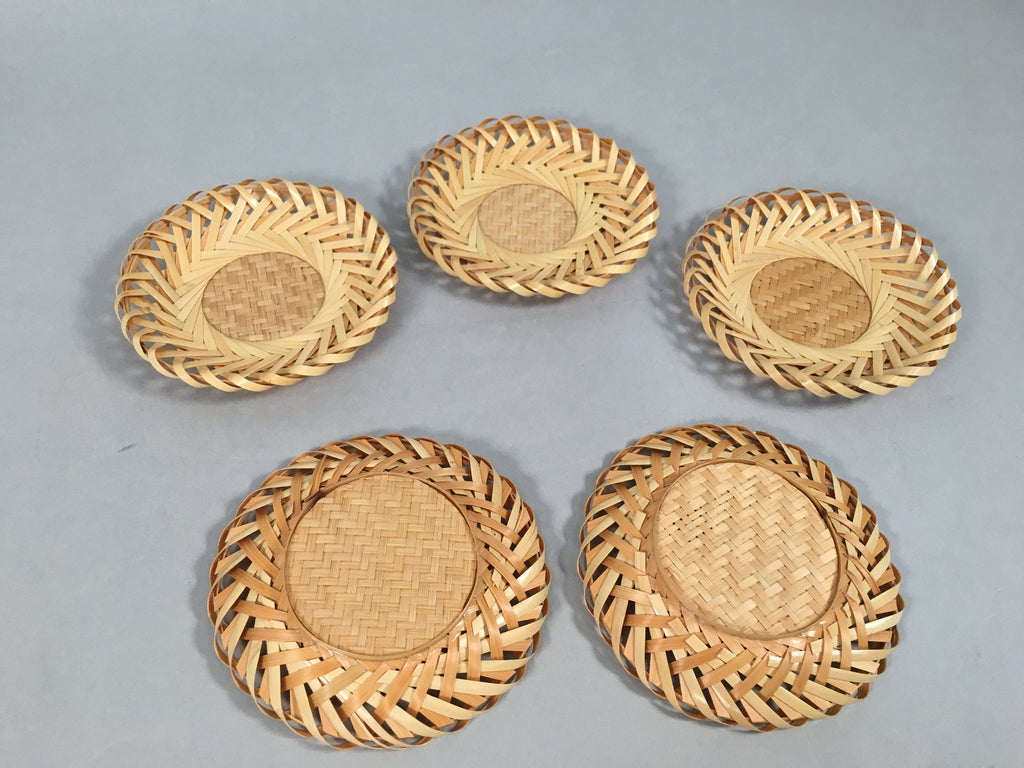 Japanese Bamboo Drink Coaster Saucer 5pc Set Vtg Chataku Round UR477