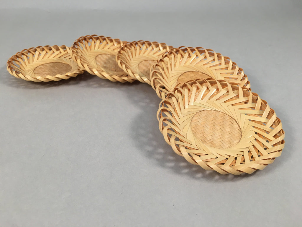 Japanese Bamboo Drink Coaster Saucer 5pc Set Vtg Chataku Round UR477