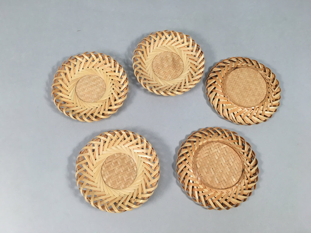 Japanese Bamboo Drink Coaster Saucer 5pc Set Vtg Chataku Round UR477