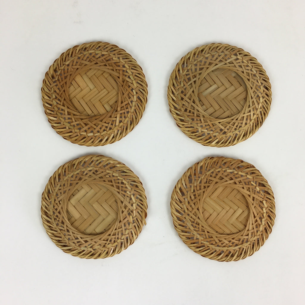 Japanese Bamboo Drink Saucer 4pc Set Vtg Chataku Coaster Brown UR723