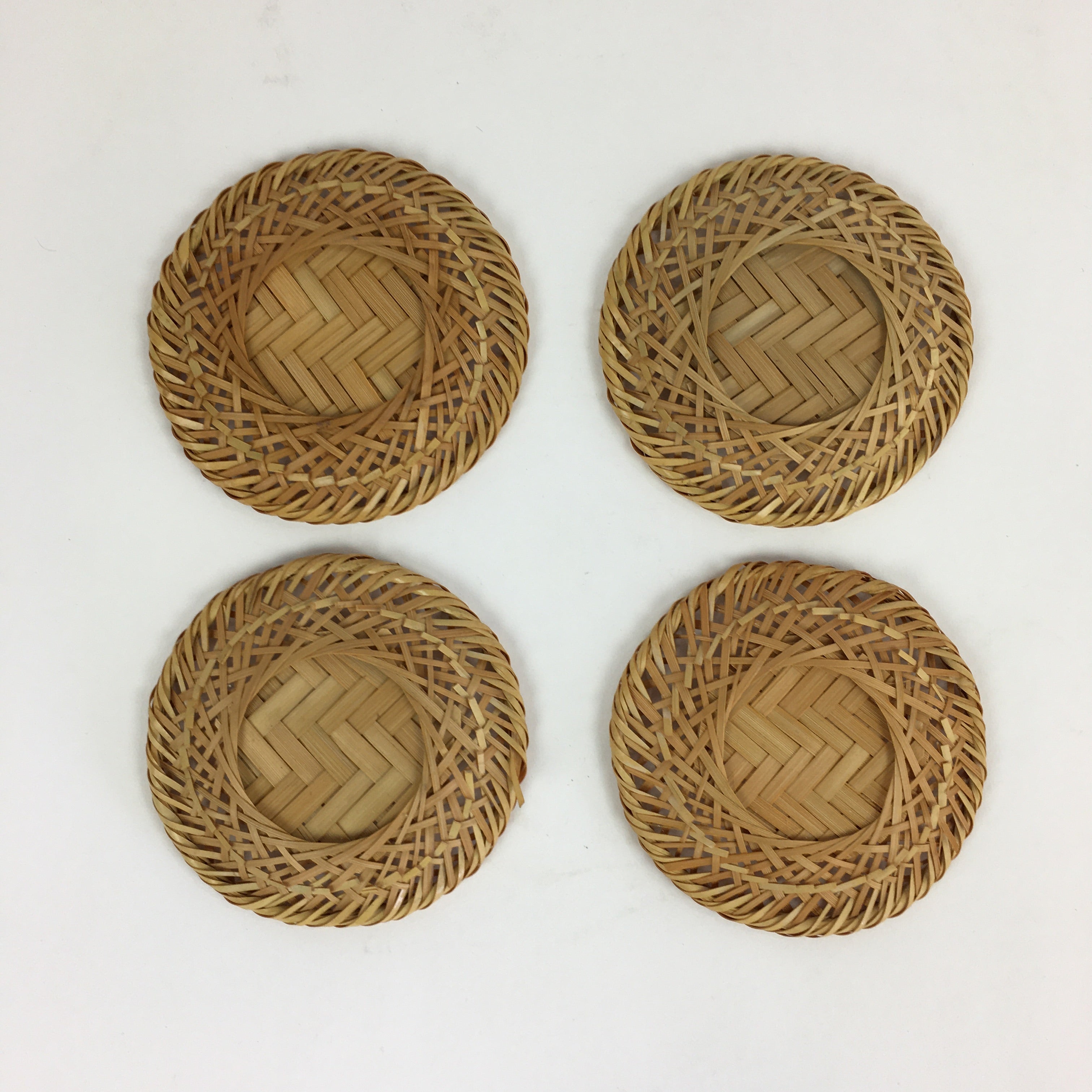 Japanese Bamboo Drink Saucer 4pc Set Vtg Chataku Coaster Brown UR723