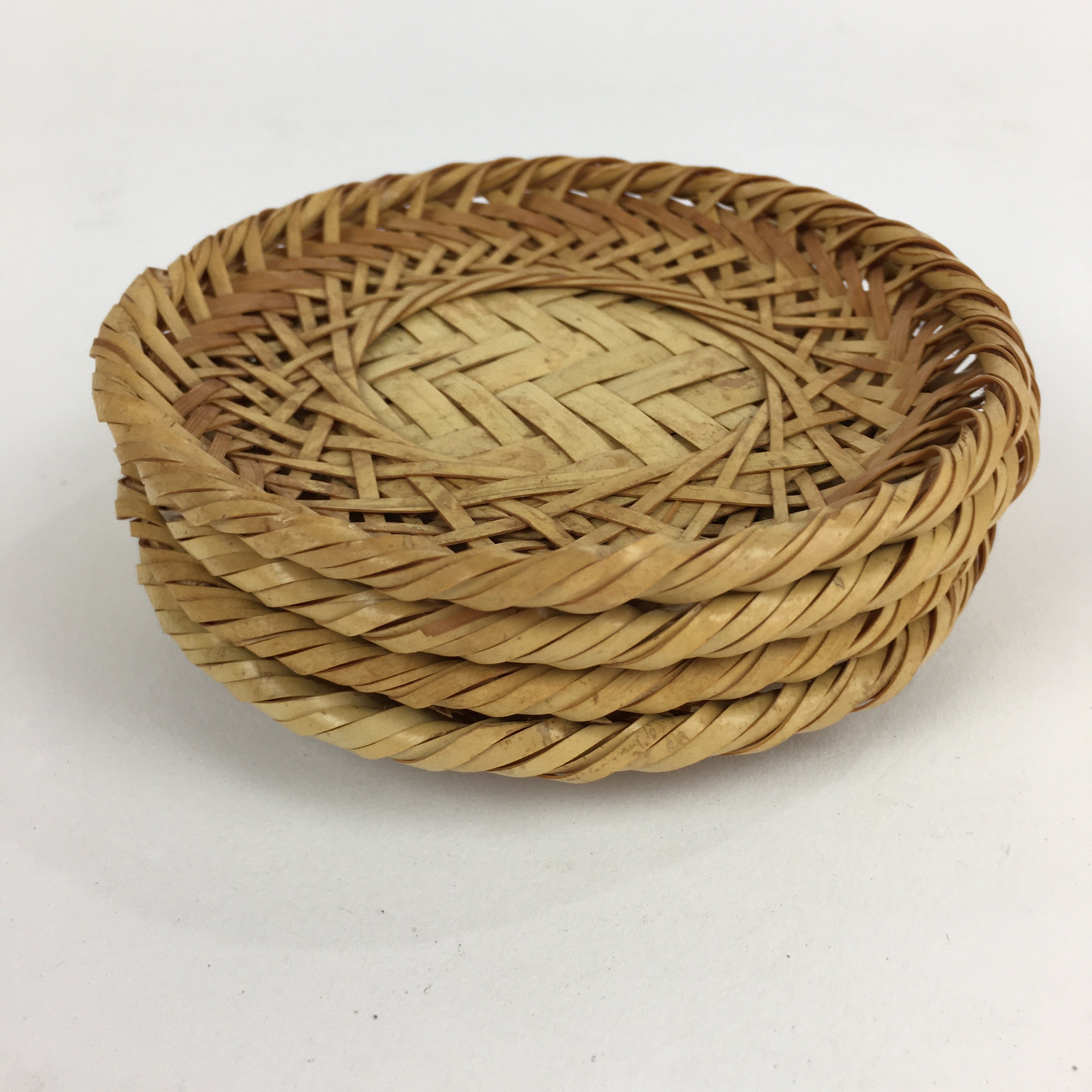 Japanese Bamboo Drink Saucer 4pc Set Vtg Chataku Coaster Brown UR723