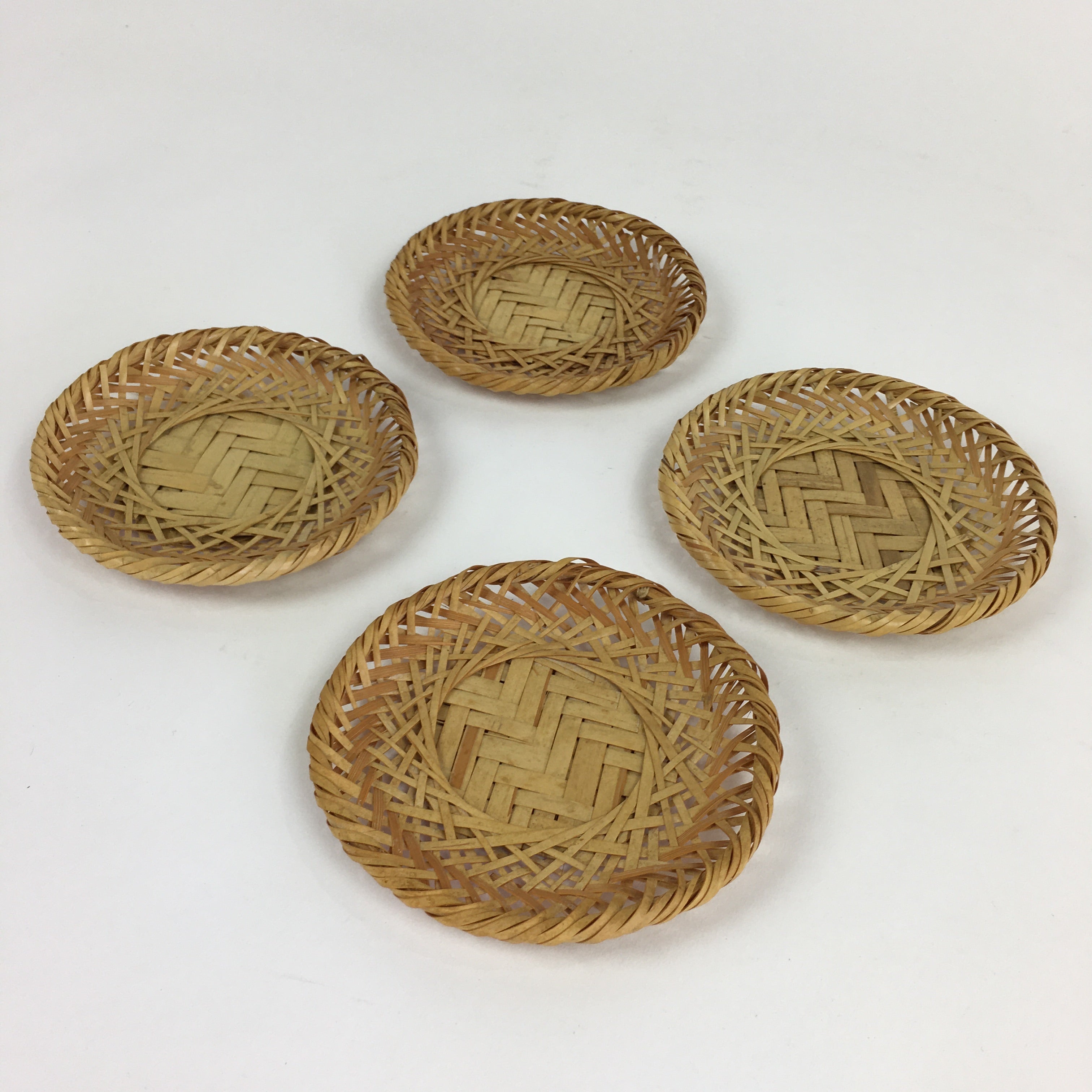 Japanese Bamboo Drink Saucer 4pc Set Vtg Chataku Coaster Brown UR723
