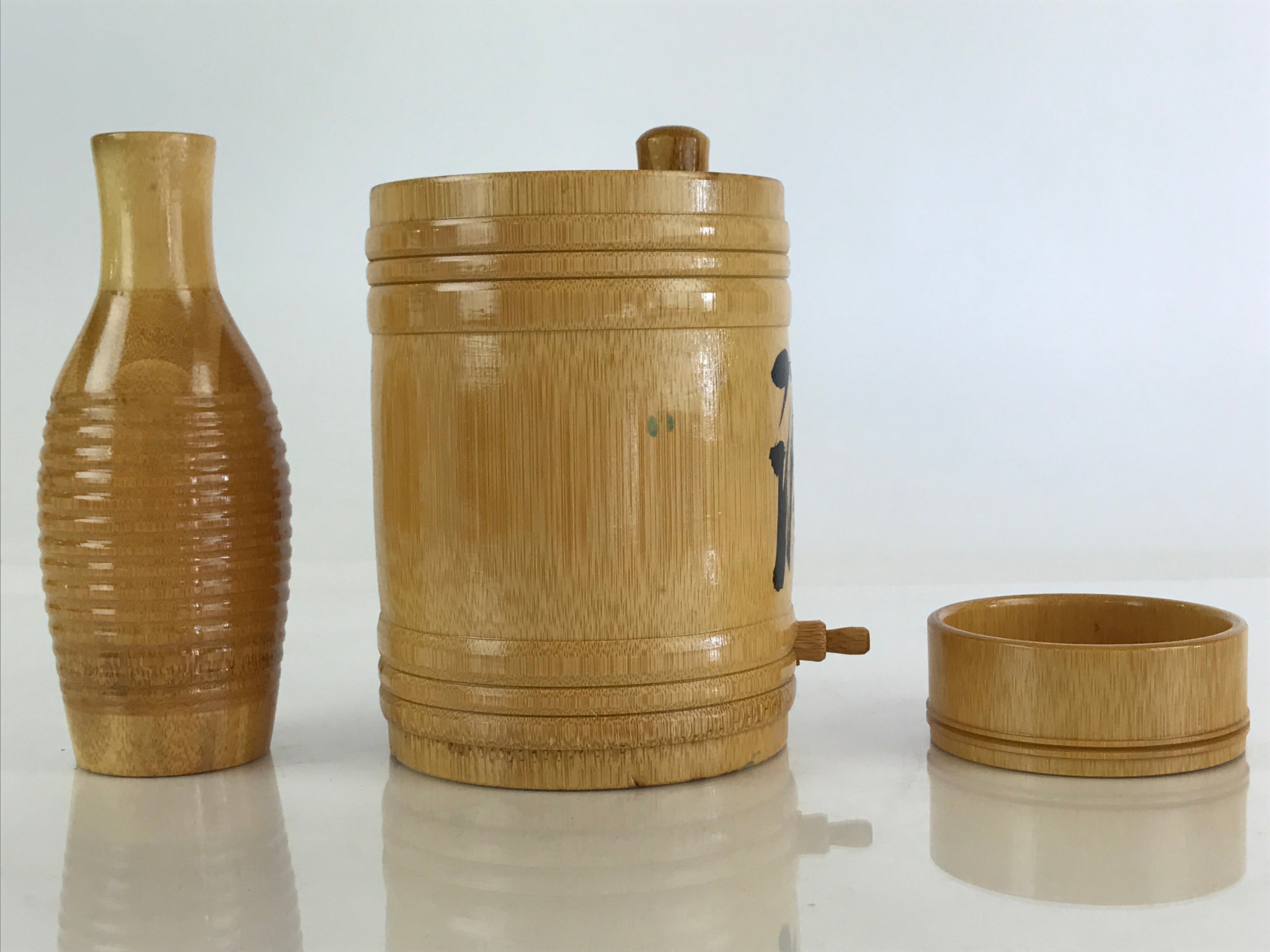 Japanese Bamboo Sake Cup And Bottle Set Vtg Guinomi Tokkuri Brown PX653