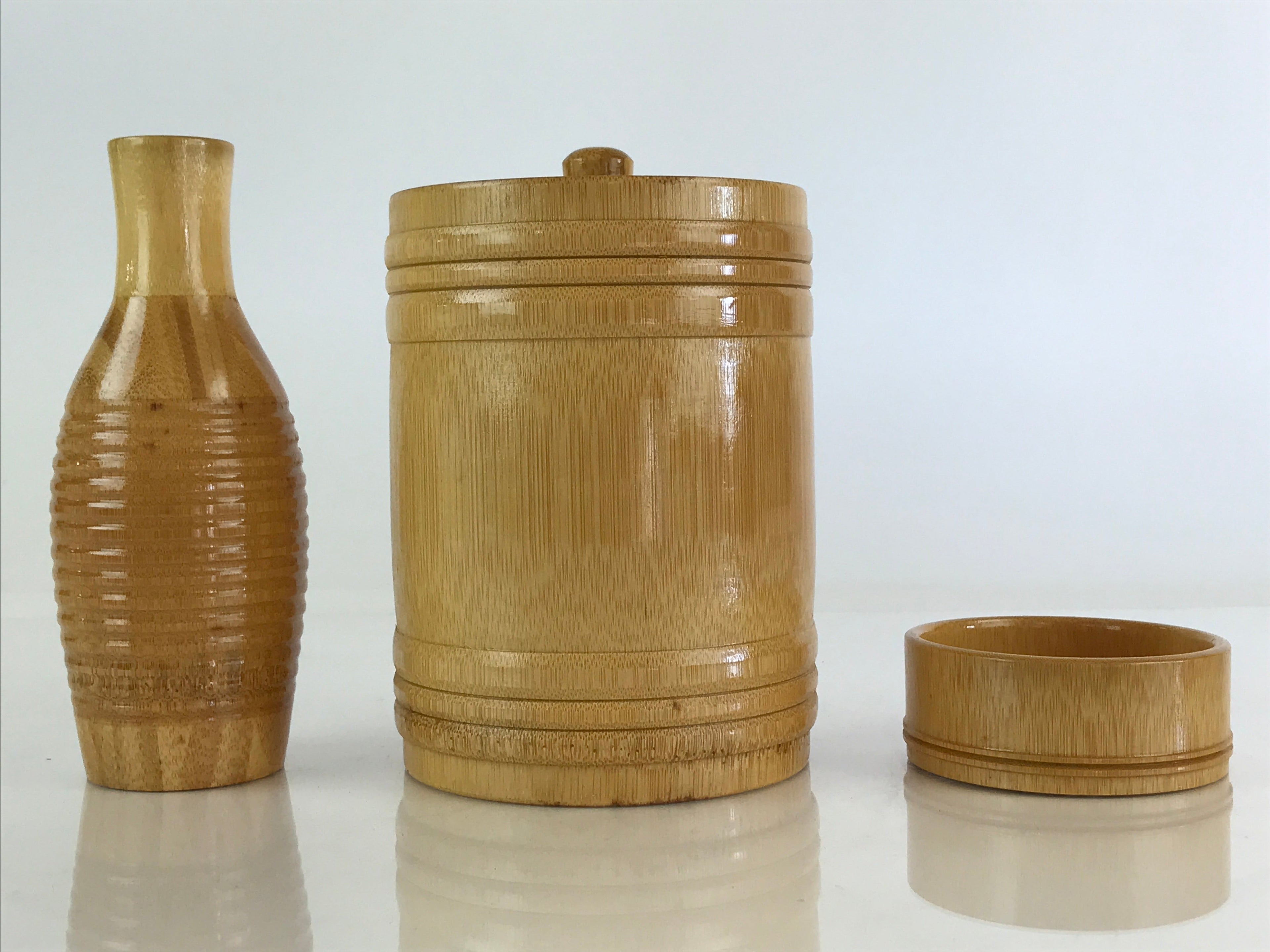 Japanese Bamboo Sake Cup And Bottle Set Vtg Guinomi Tokkuri Brown PX653
