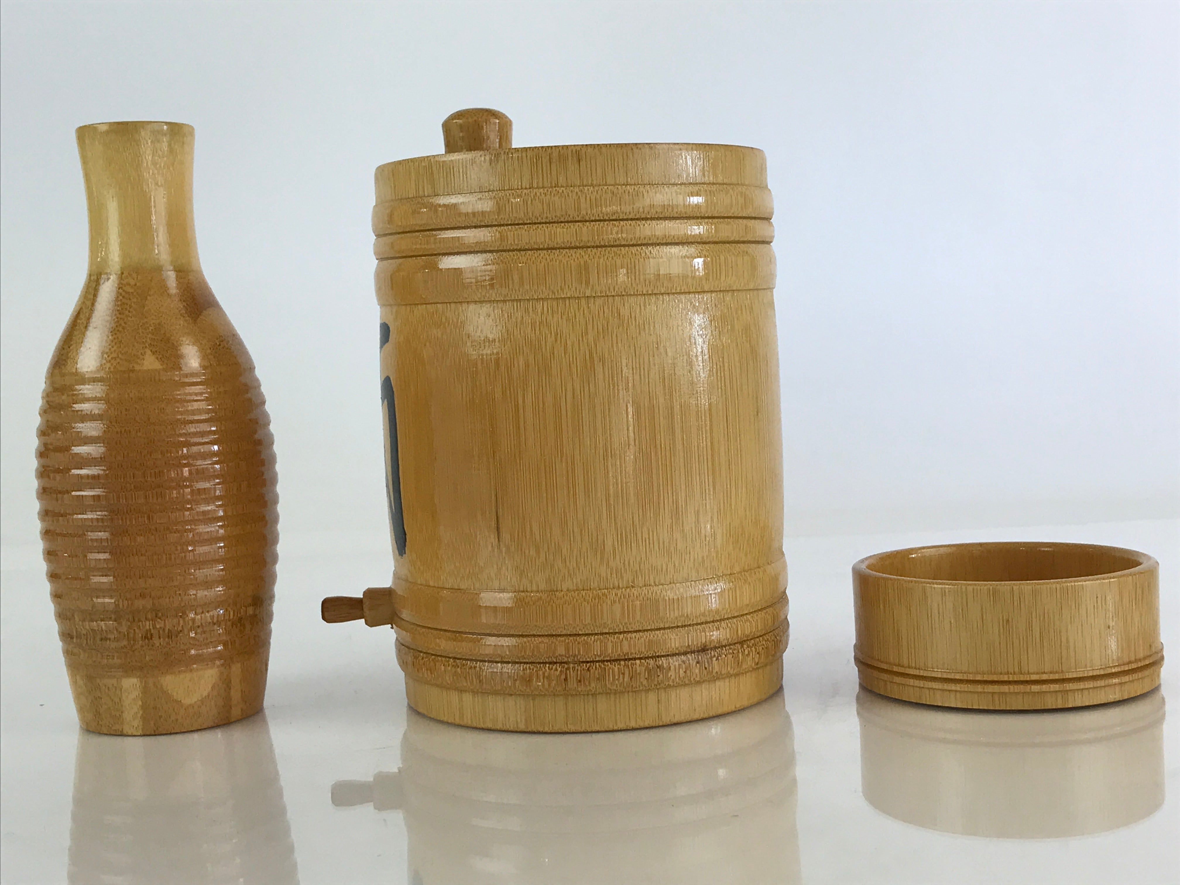 Japanese Bamboo Sake Cup And Bottle Set Vtg Guinomi Tokkuri Brown PX653