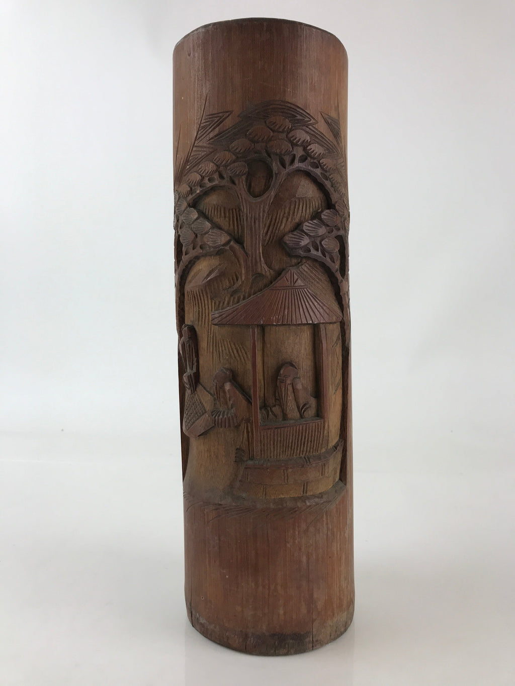 Japanese Bamboo Tube Carving Vase Kabin Vtg Ikebana Flower Arrangement FK34