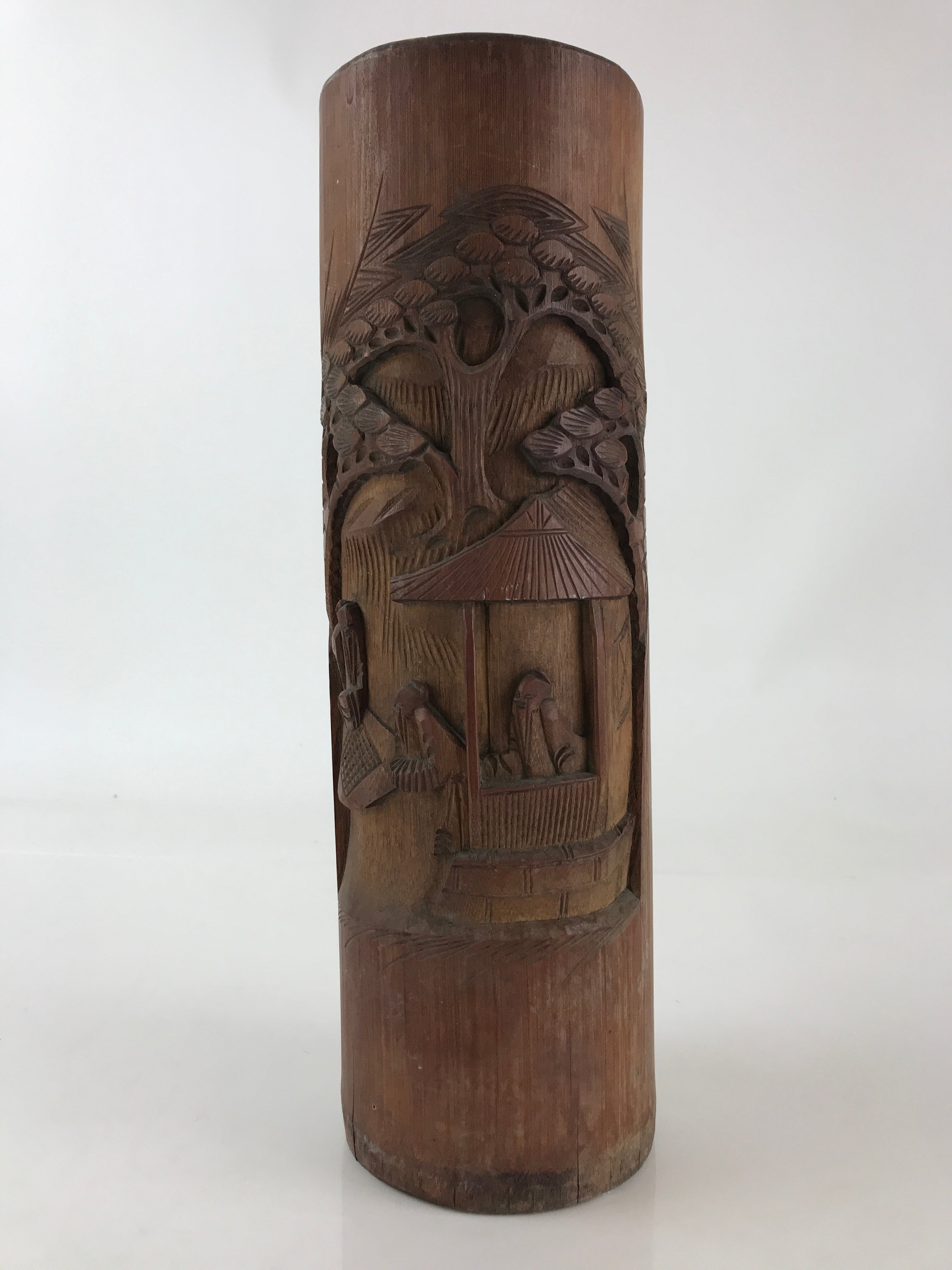 Japanese Bamboo Tube Carving Vase Kabin Vtg Ikebana Flower Arrangement FK34