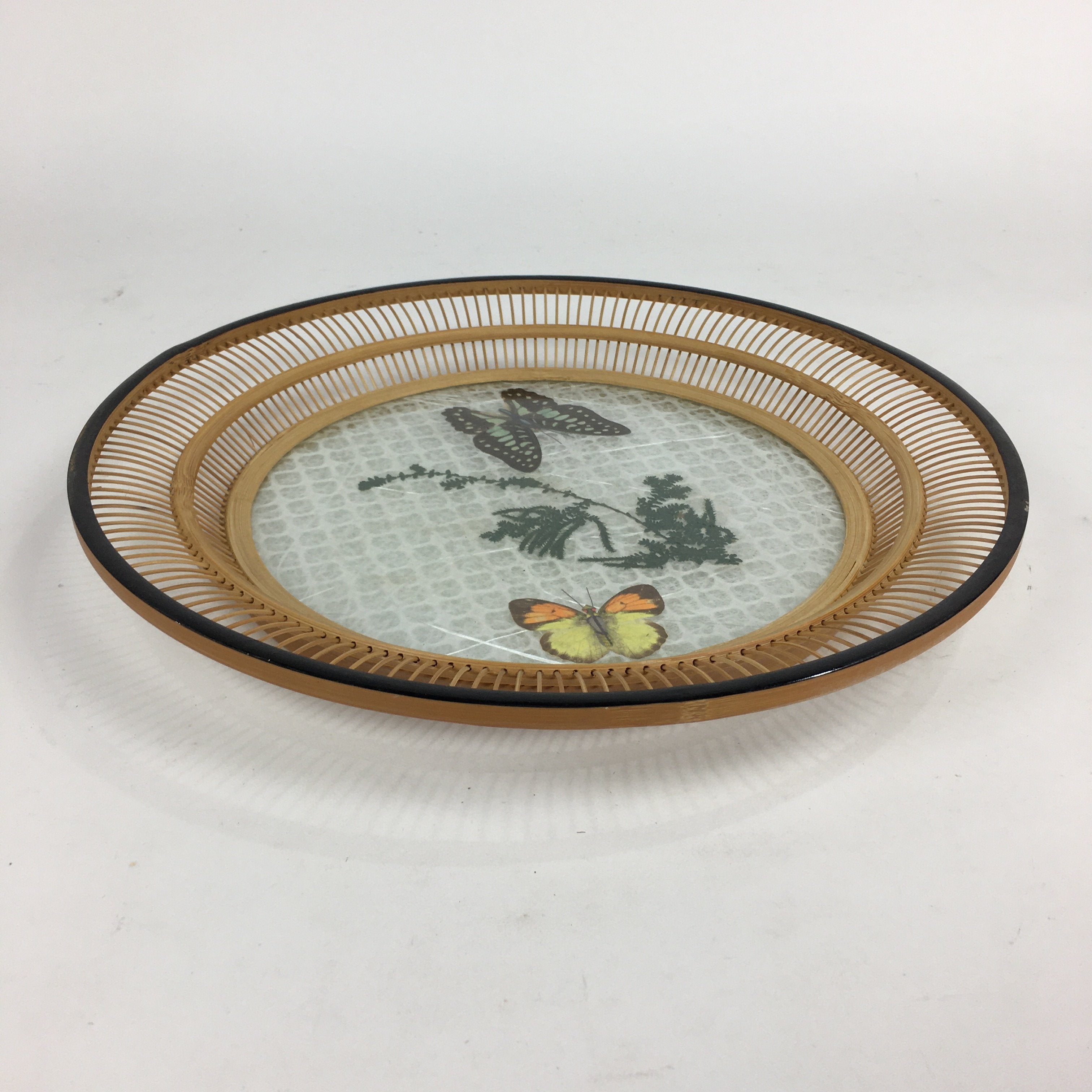 Japanese Bamboo Work Plate Tray Vtg Butterfly See-through Round Shape FL10