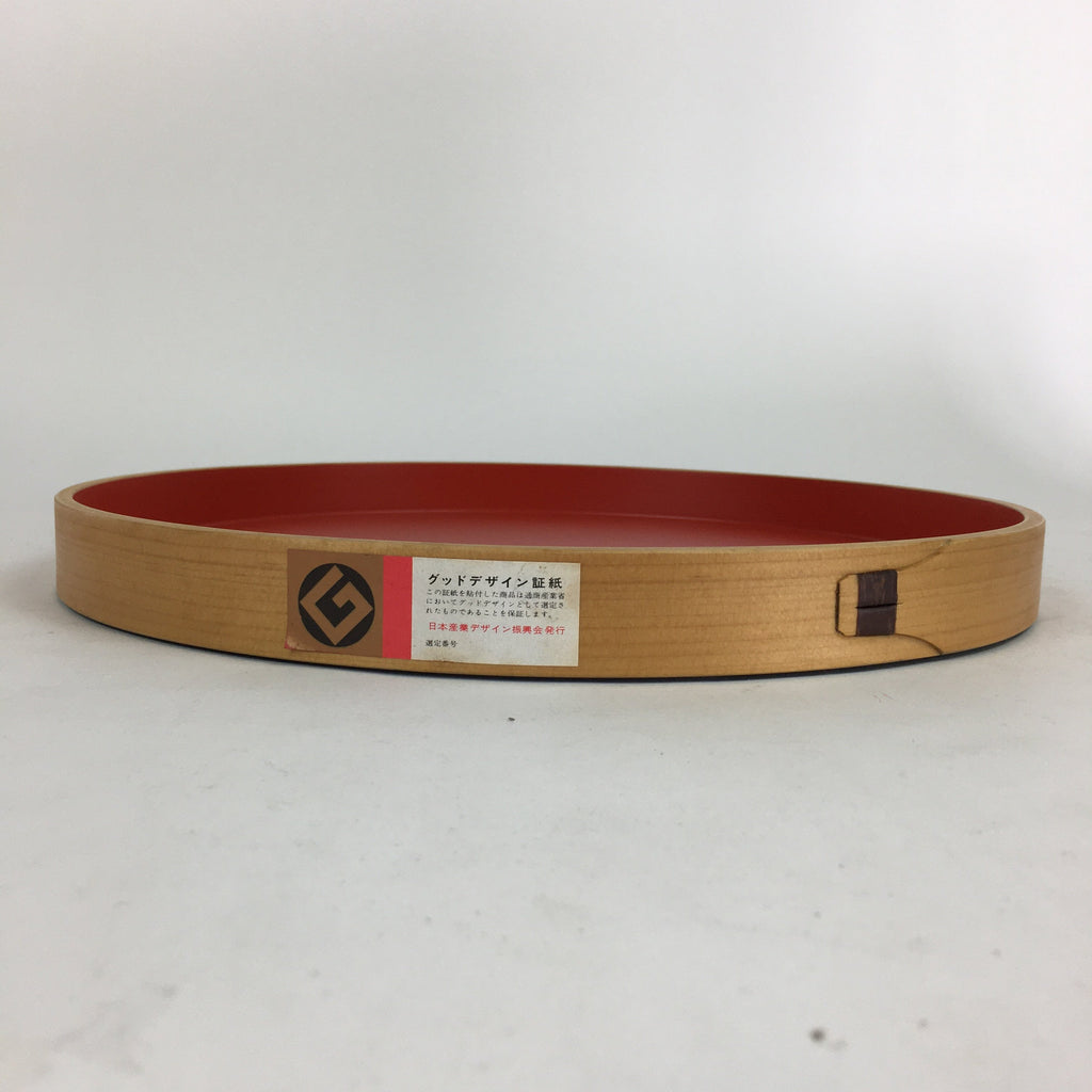 Japanese Bentwood Lacquered Tray Obon Vtg Nutural Wood Round Red UR579