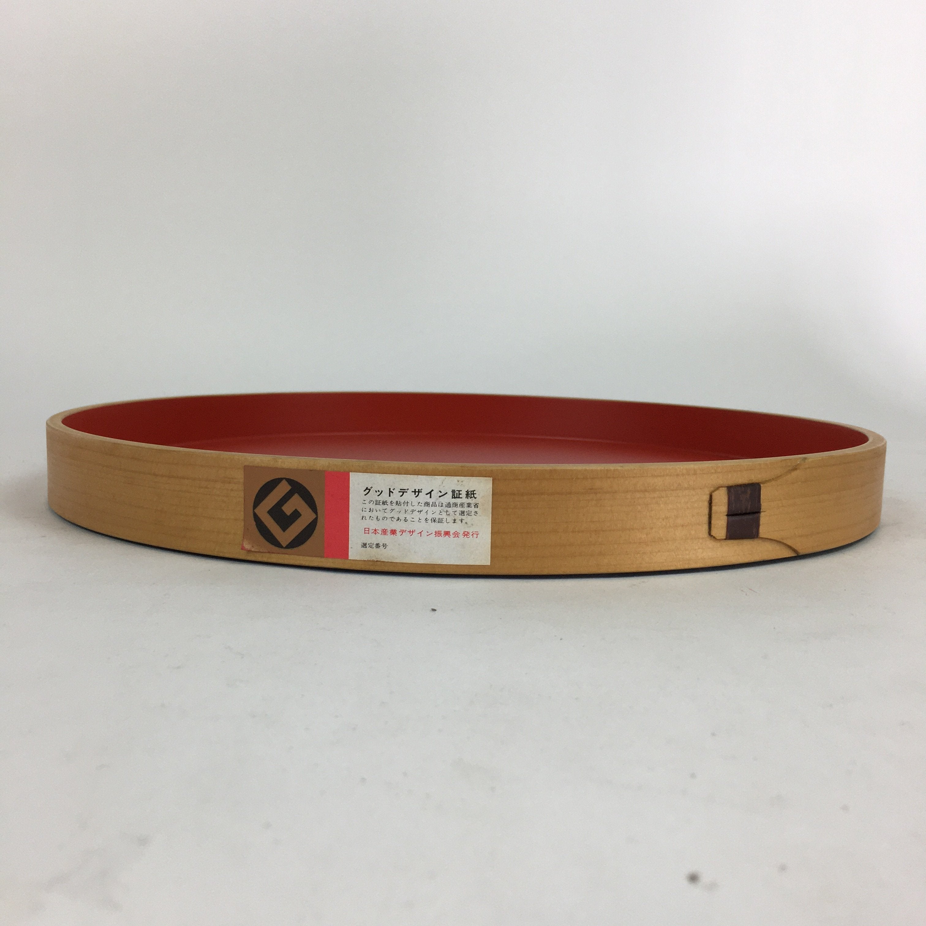 Japanese Bentwood Lacquered Tray Obon Vtg Nutural Wood Round Red UR579