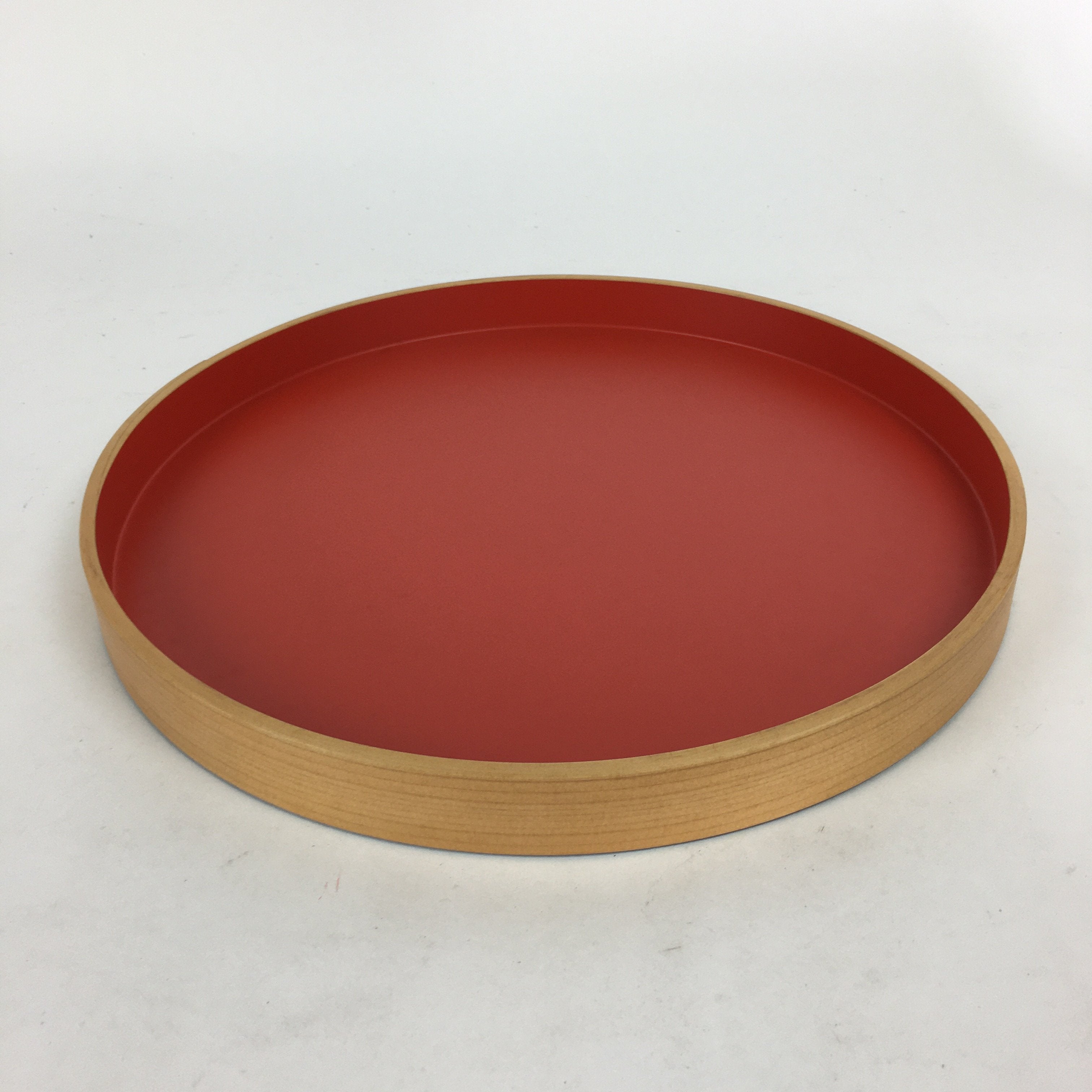 Japanese Bentwood Lacquered Tray Obon Vtg Nutural Wood Round Red UR579