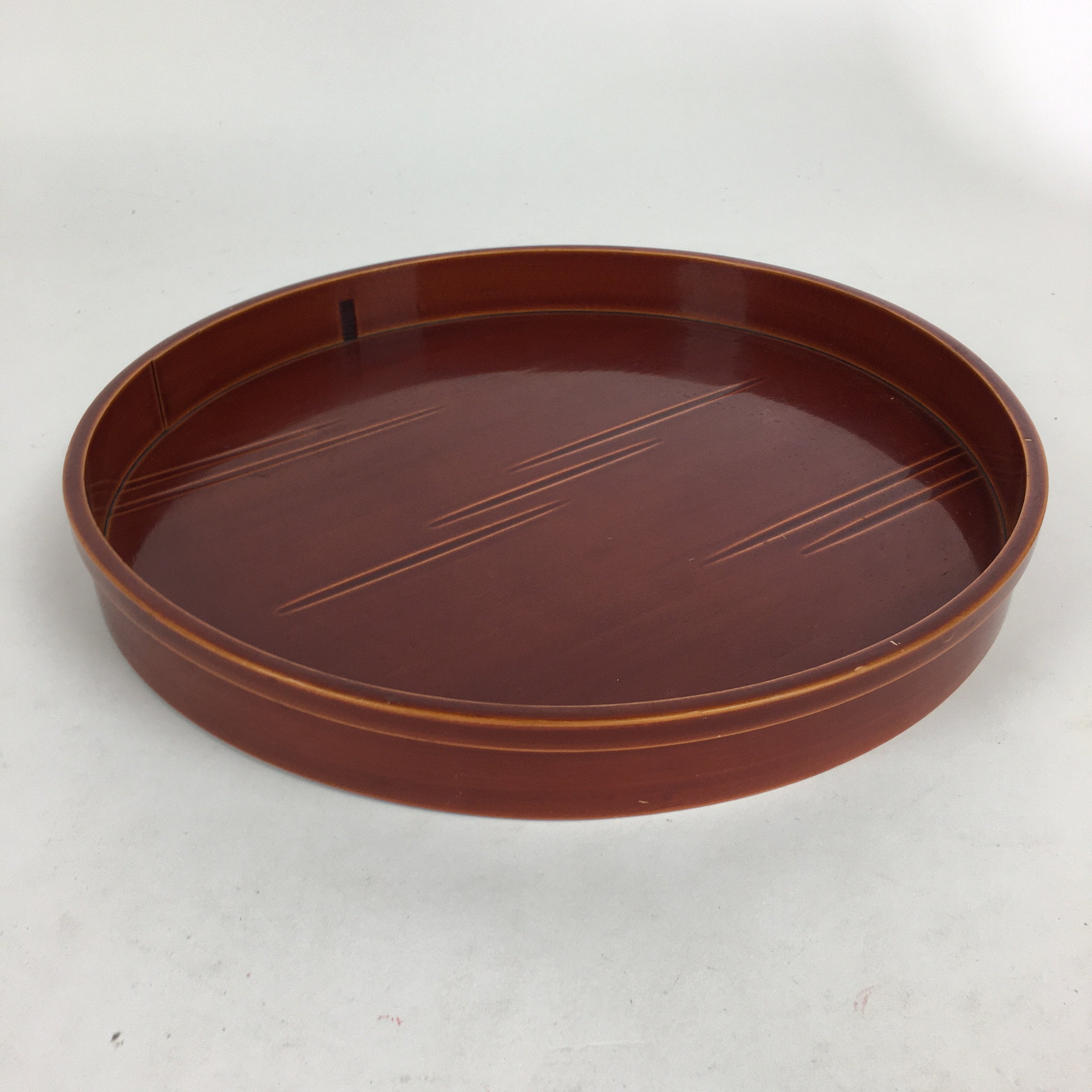 Japanese Bentwood Lacquered Tray Obon Vtg Shunkei-Nuri Round Brown UR582